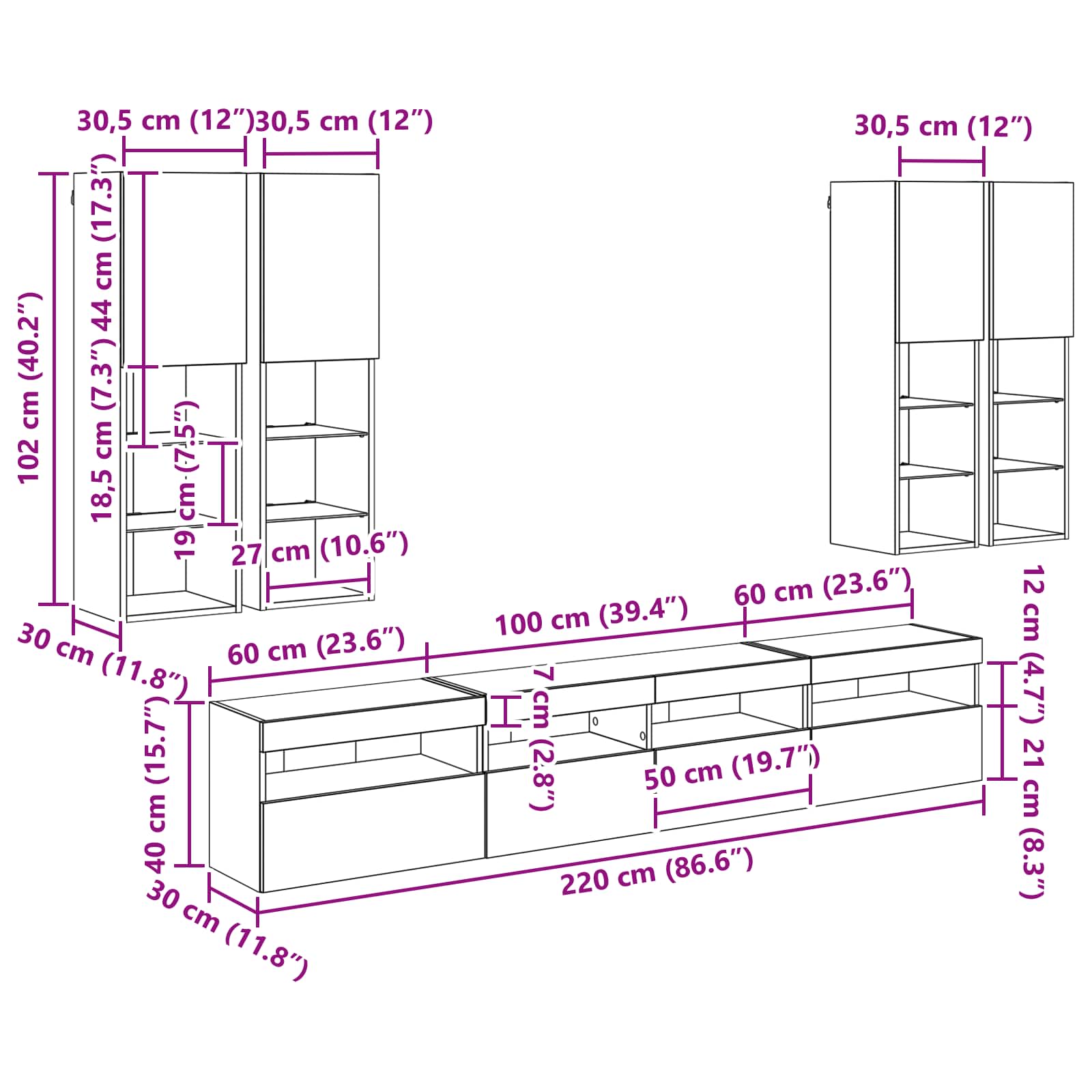 Conjunto de mueble de TV en la pared con luces LED 7 pcs