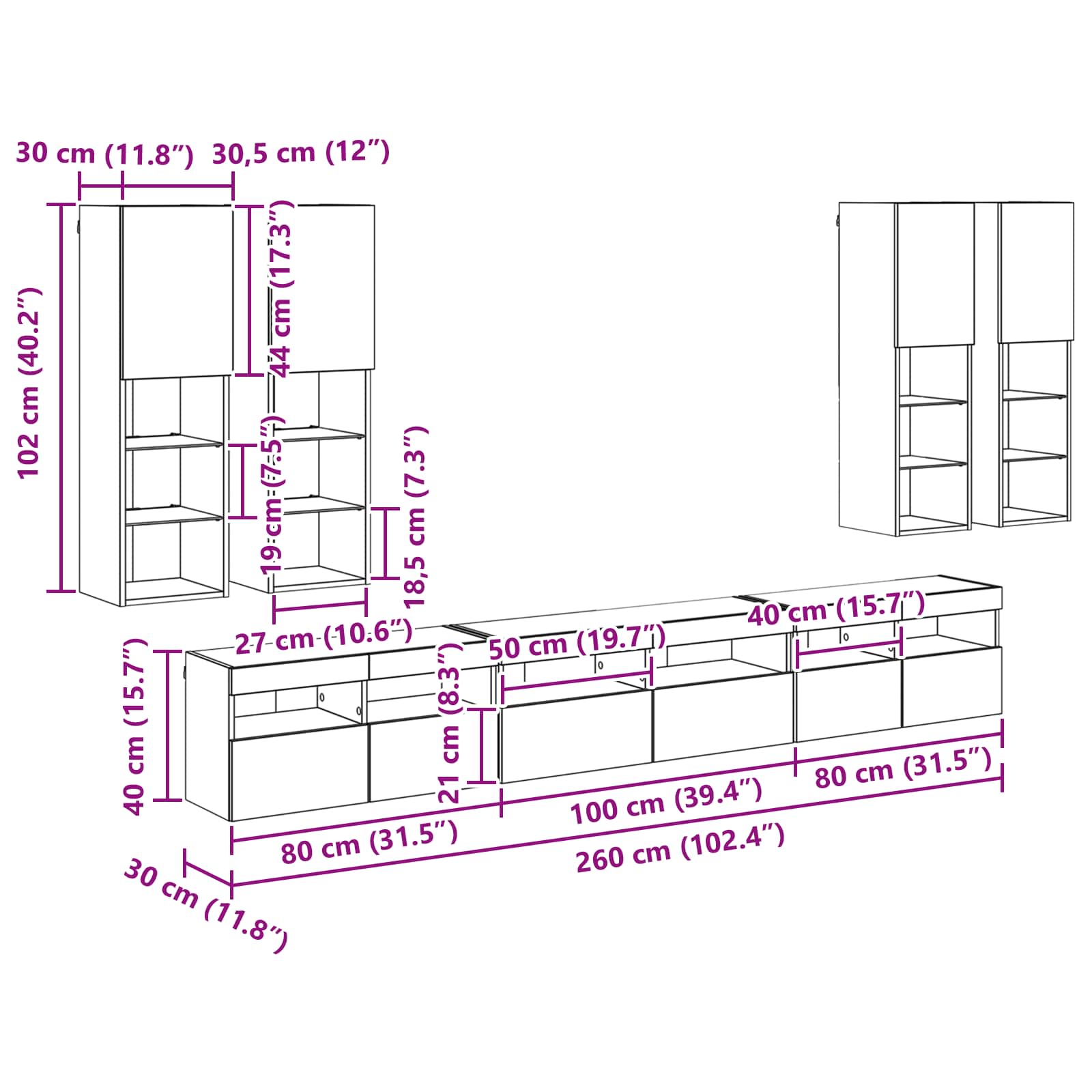 Conjunto de mueble para TV de pared 7 pcs Madera envejecida