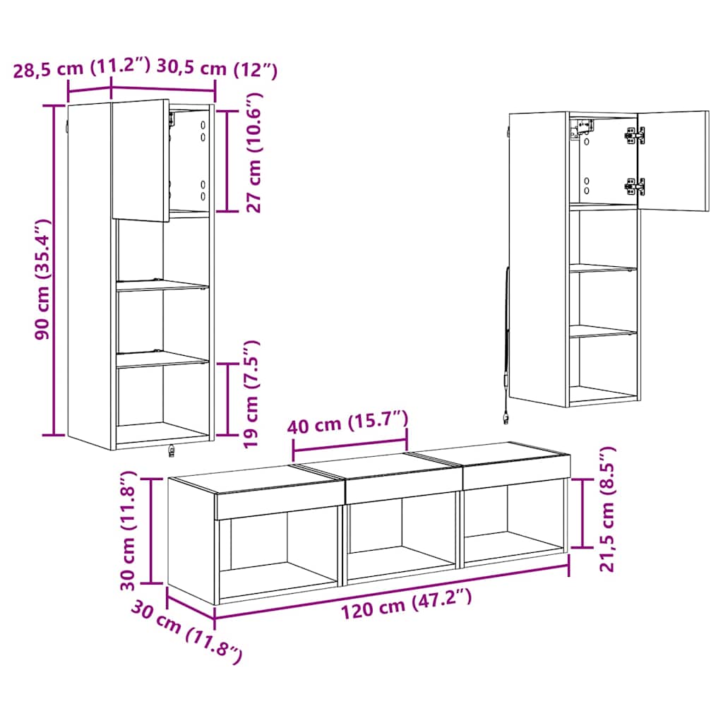 Unidades de pared para TV Montaje en la pared 5 pcs Roble Negro