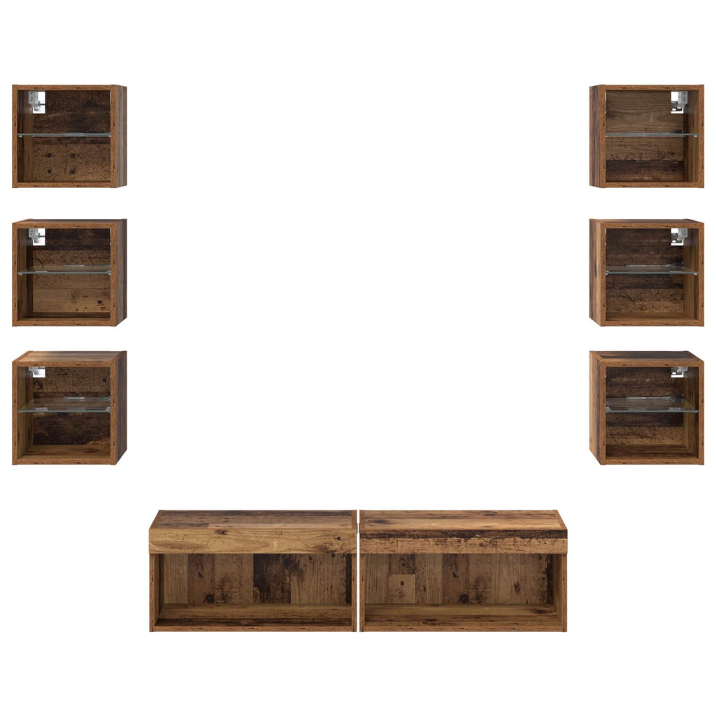 Mueble de TV con cajón 8 pcs Madera envejecida Cristal