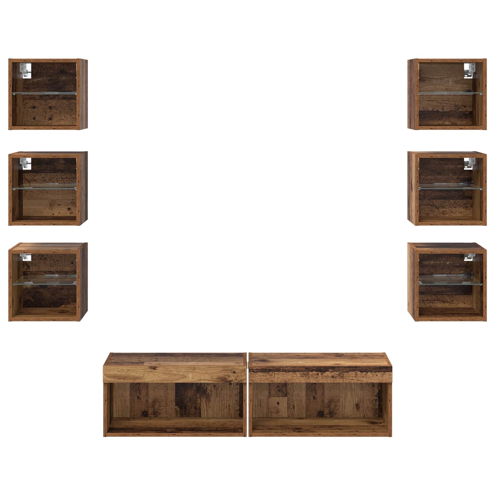 Mueble de TV con cajón 8 pcs Madera envejecida Cristal