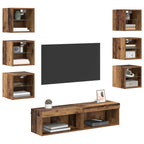 Mueble de TV con cajón 8 pcs Madera envejecida Cristal