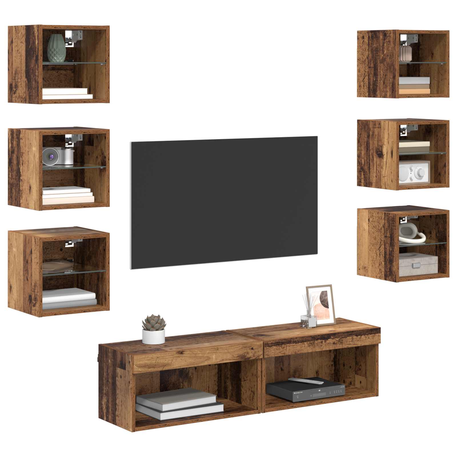 Mueble de TV con cajón 8 pcs Madera envejecida Cristal