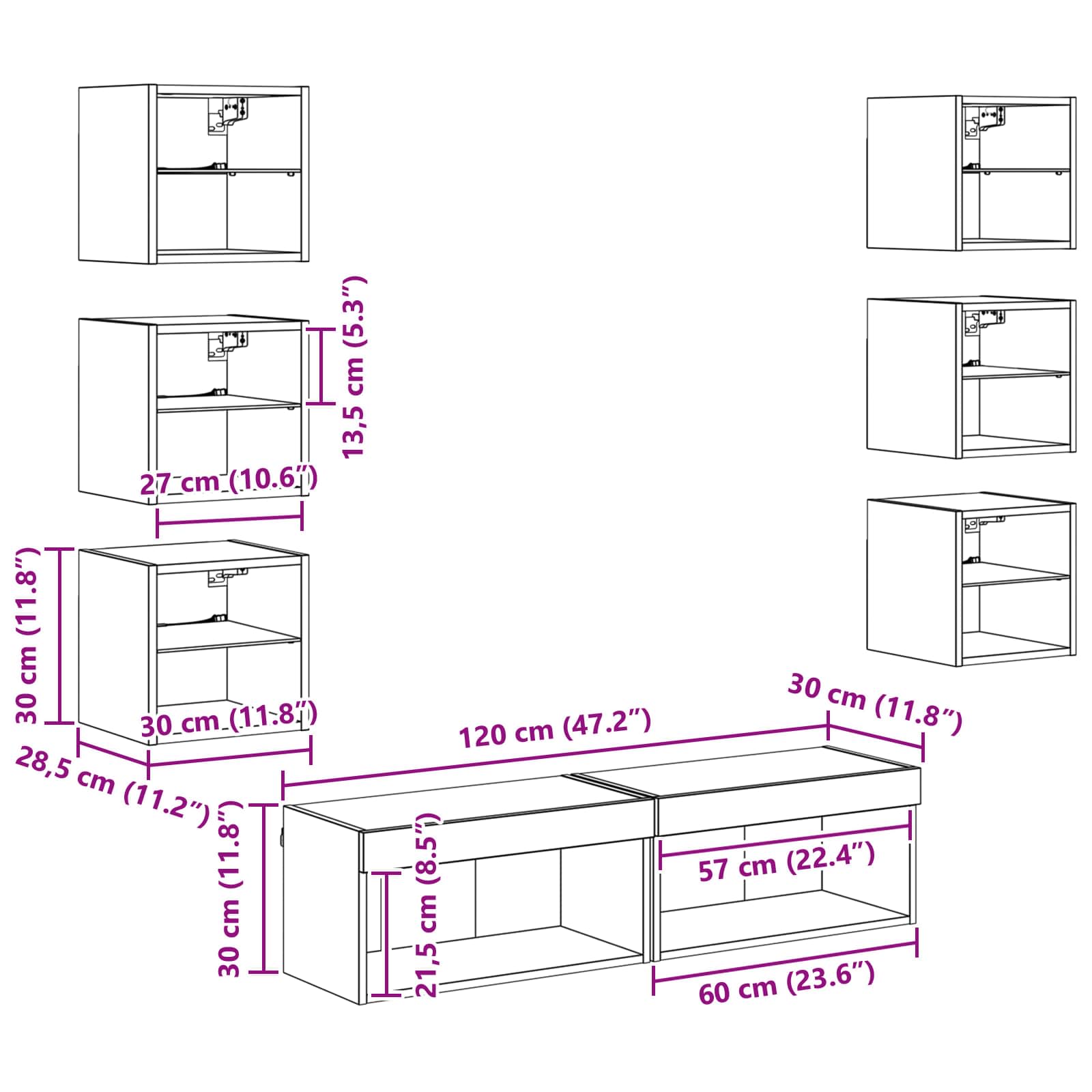 Mueble de TV con cajón 8 pcs Madera envejecida Cristal