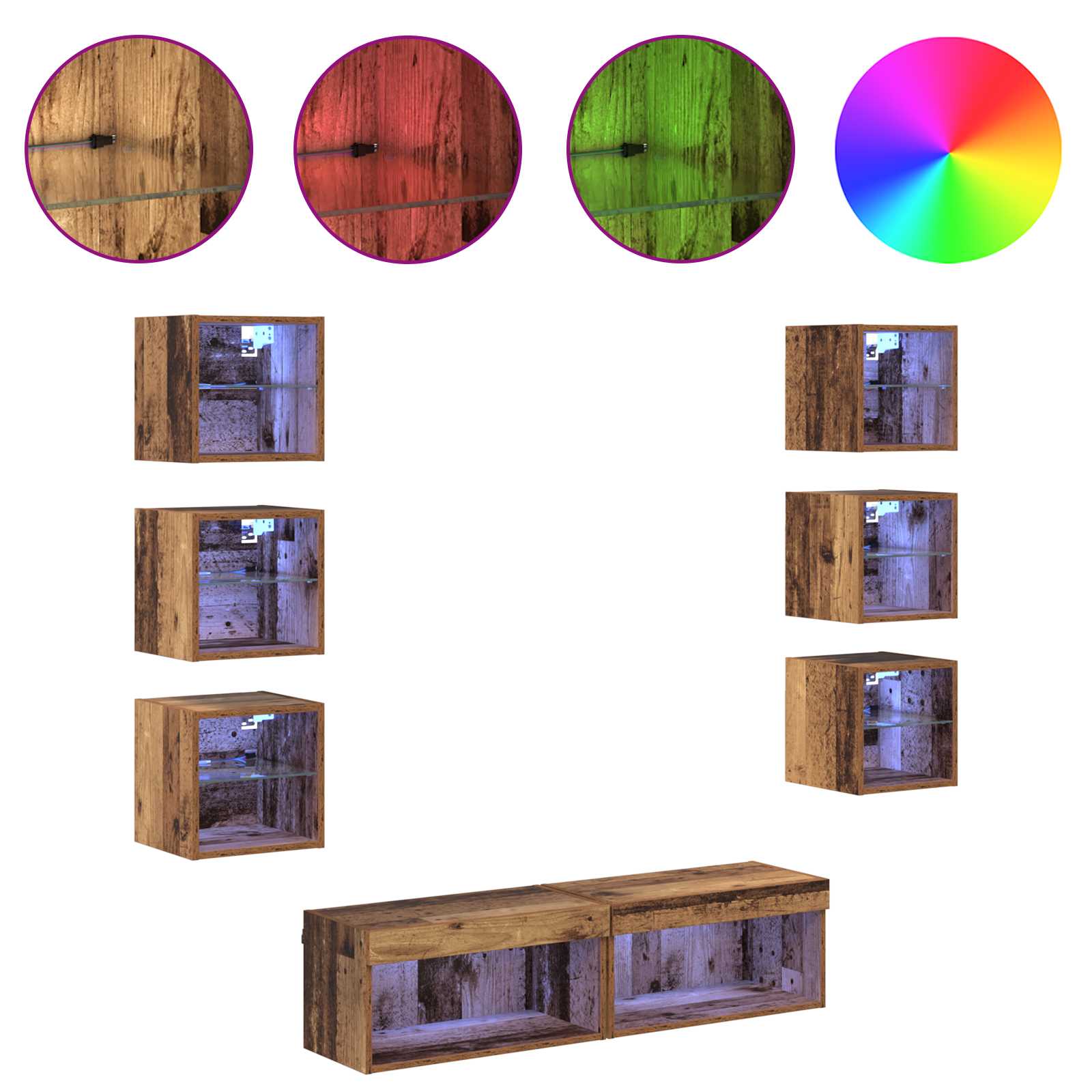 Mueble de TV con cajón 8 pcs Madera envejecida Cristal