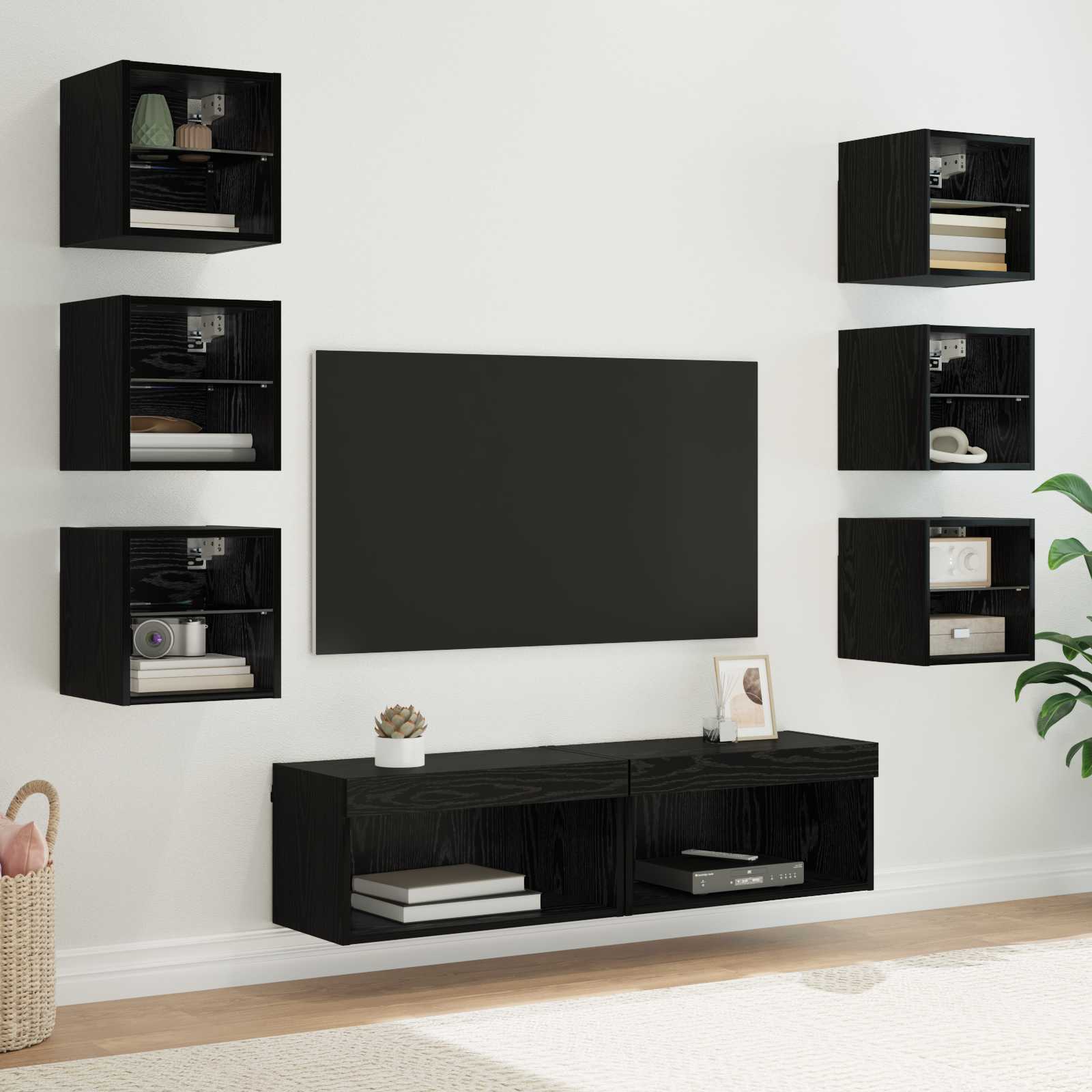 Mueble de TV con cajón 8 pcs Madera envejecida Cristal