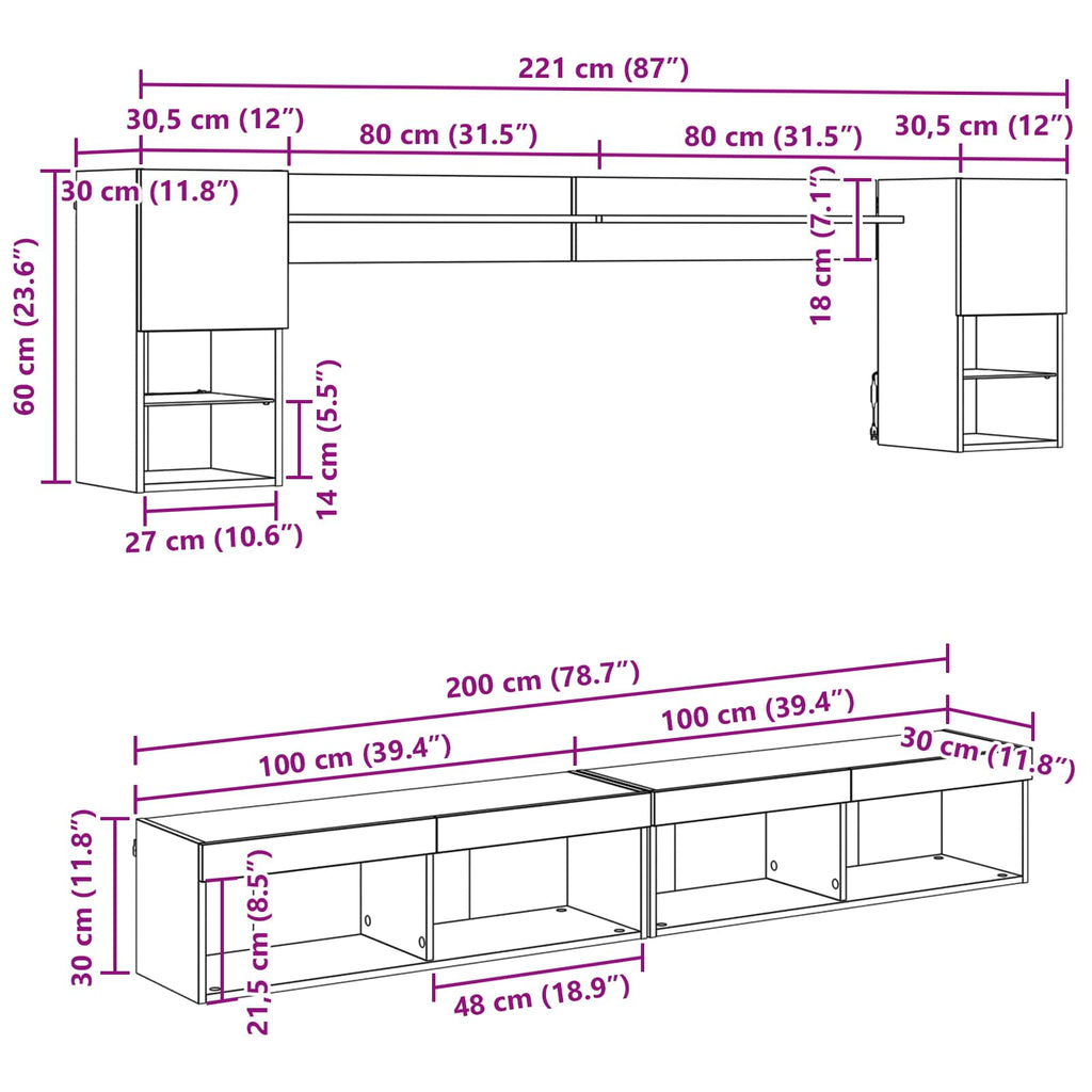 Unidades de TV de Pared con LED con LED 6 pcs Madera vieja