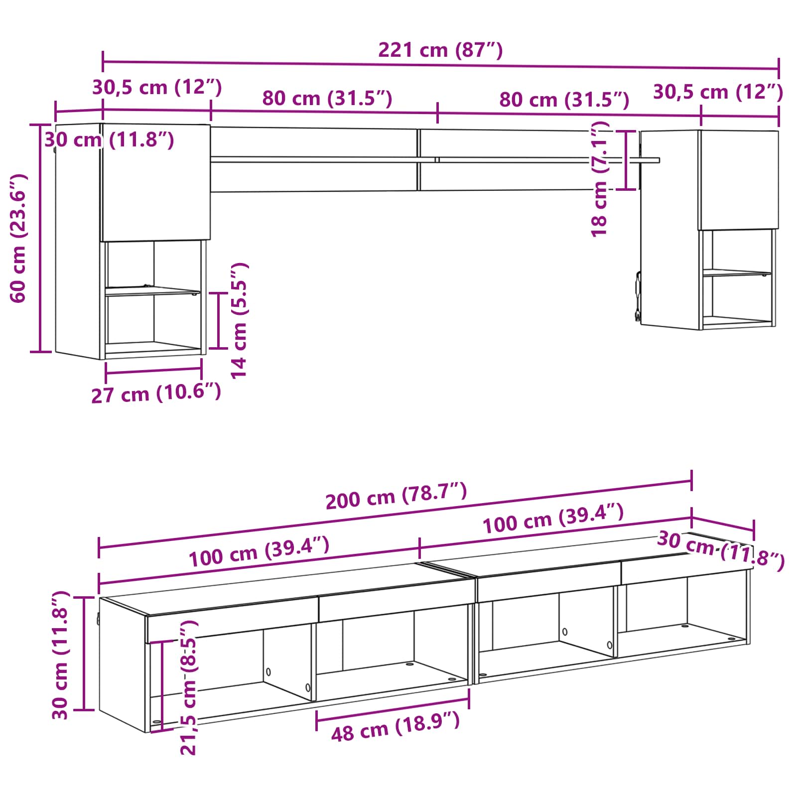 Unidades de TV de Pared con LED con LED 6 pcs Madera vieja