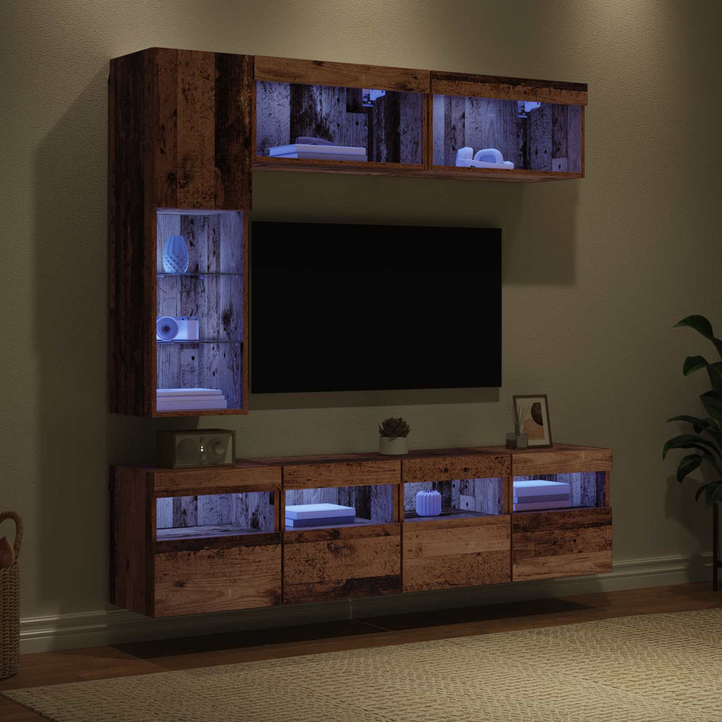 Mueble de TV con LED 7 pcs Madera vieja Madera de ingeniería
