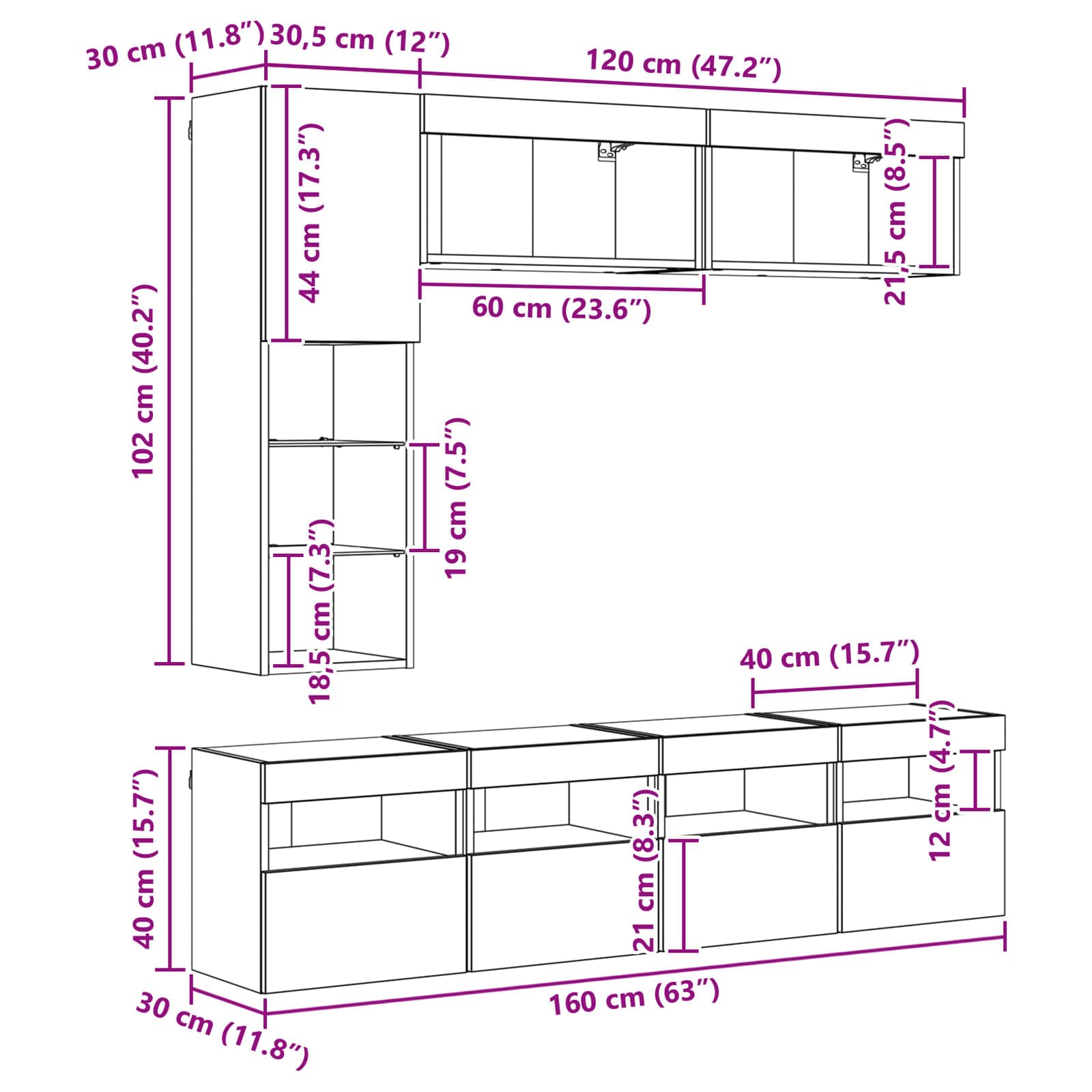 Mueble de TV con LED 7 pcs Madera vieja Madera de ingeniería