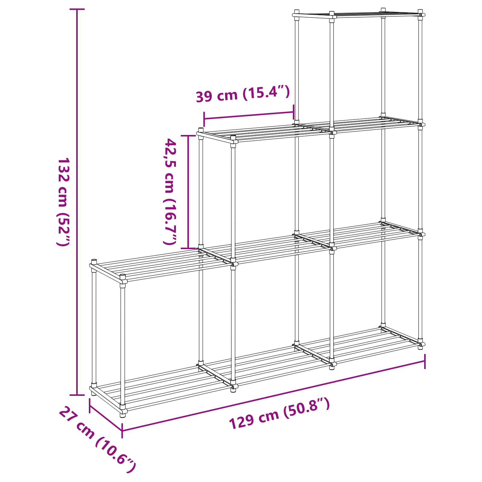 Estante tubular con almacenamiento 129 x 27 x 132 cm Aluminio