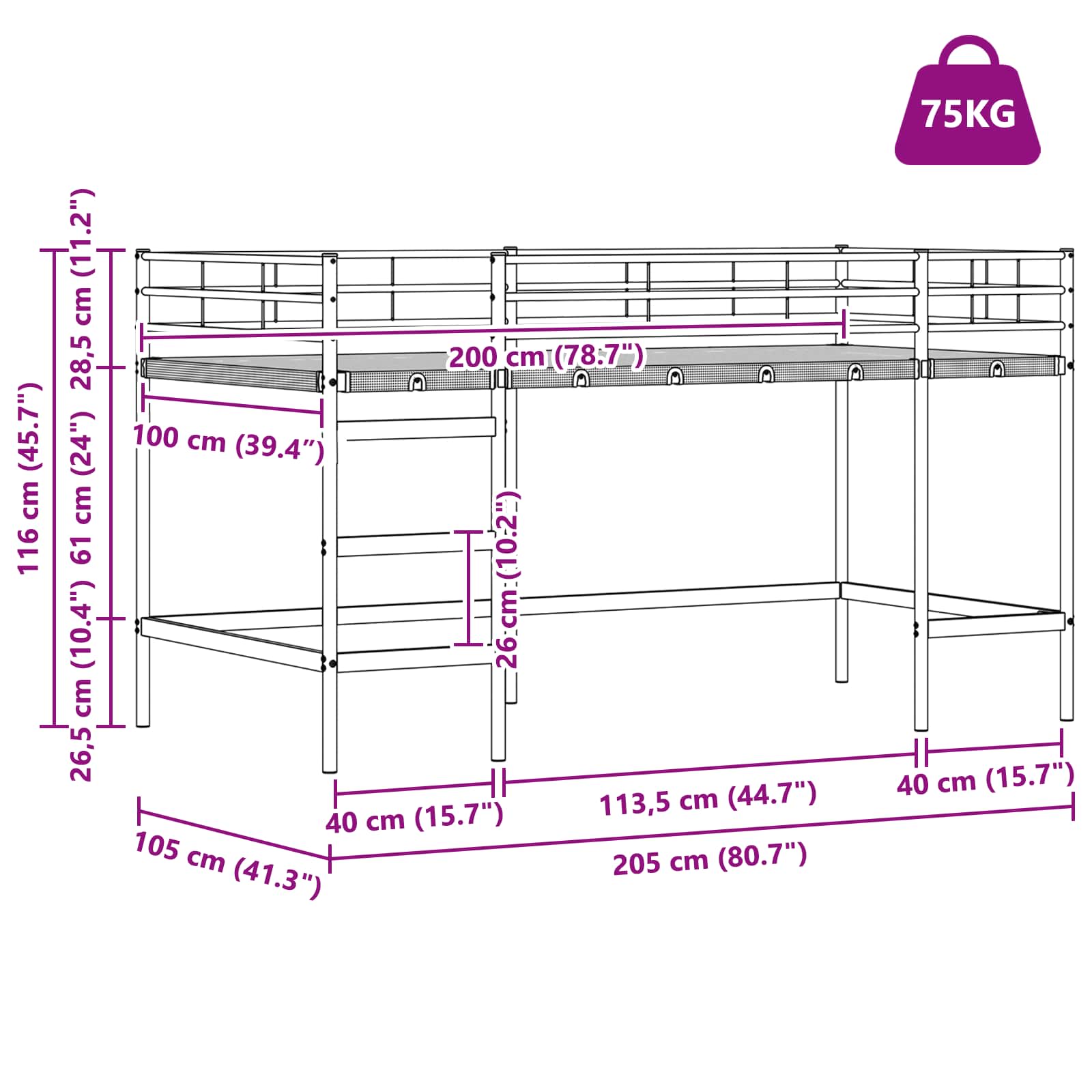 Estructura de litera para niños 100 x 200 cm Acero