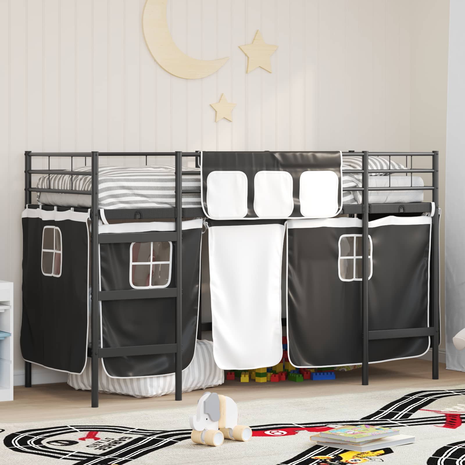 Estructura de Cama Alta para Niños con Cortinas Negro