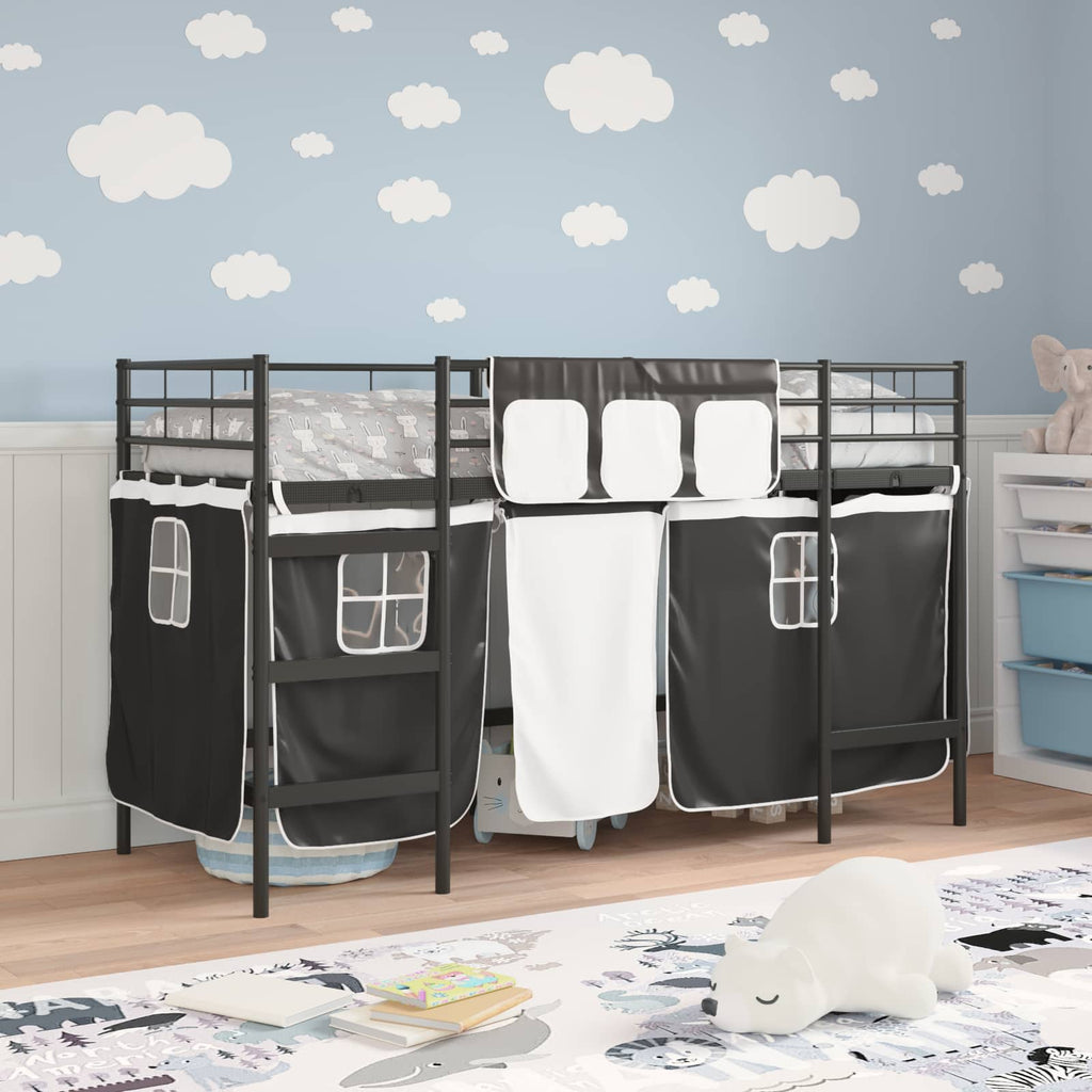 Estructura de Cama Alta para Niños con Cortinas Negro