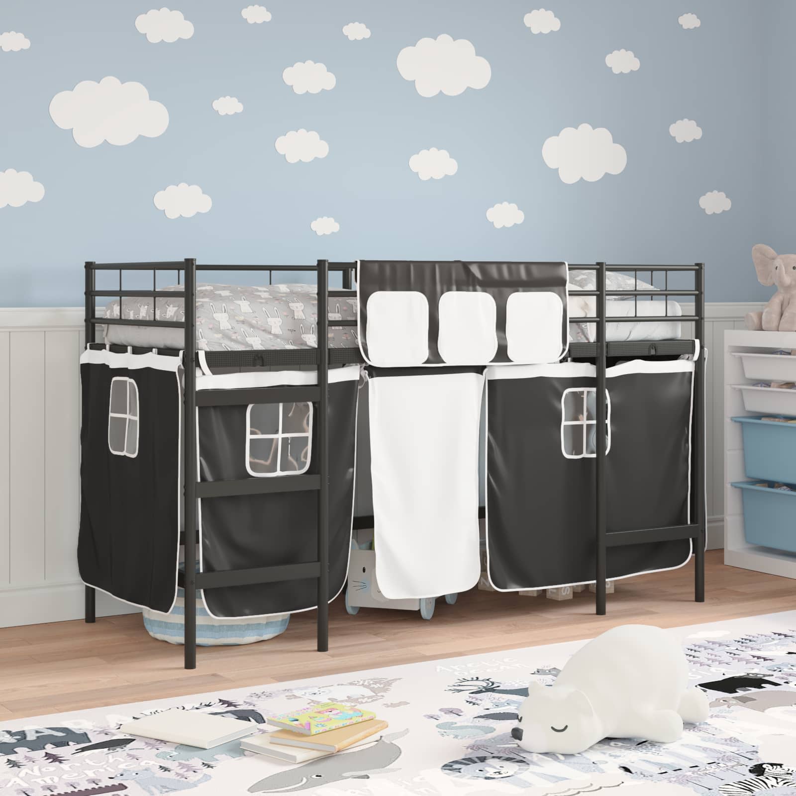Estructura de Cama Alta para Niños con Cortinas Negro