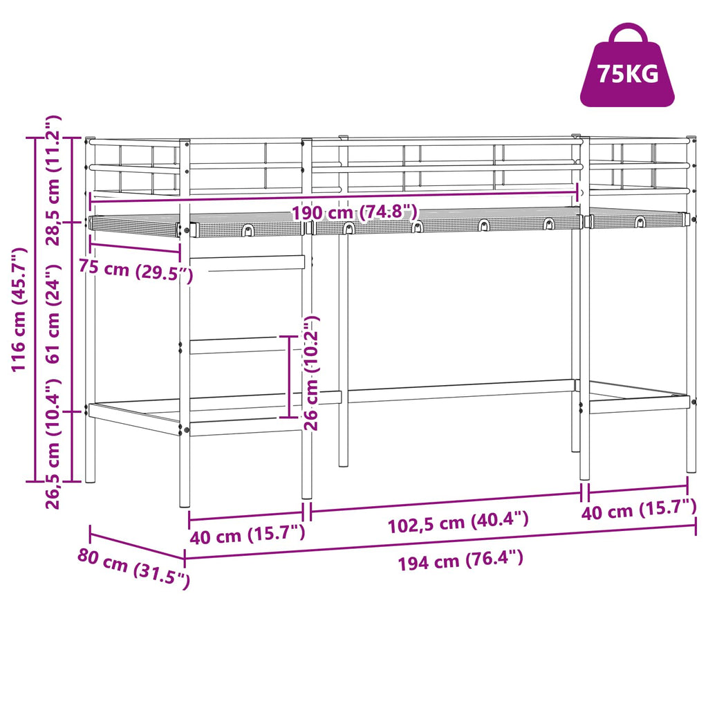 Estructura de Cama Alta para Niños con Cortinas Negro
