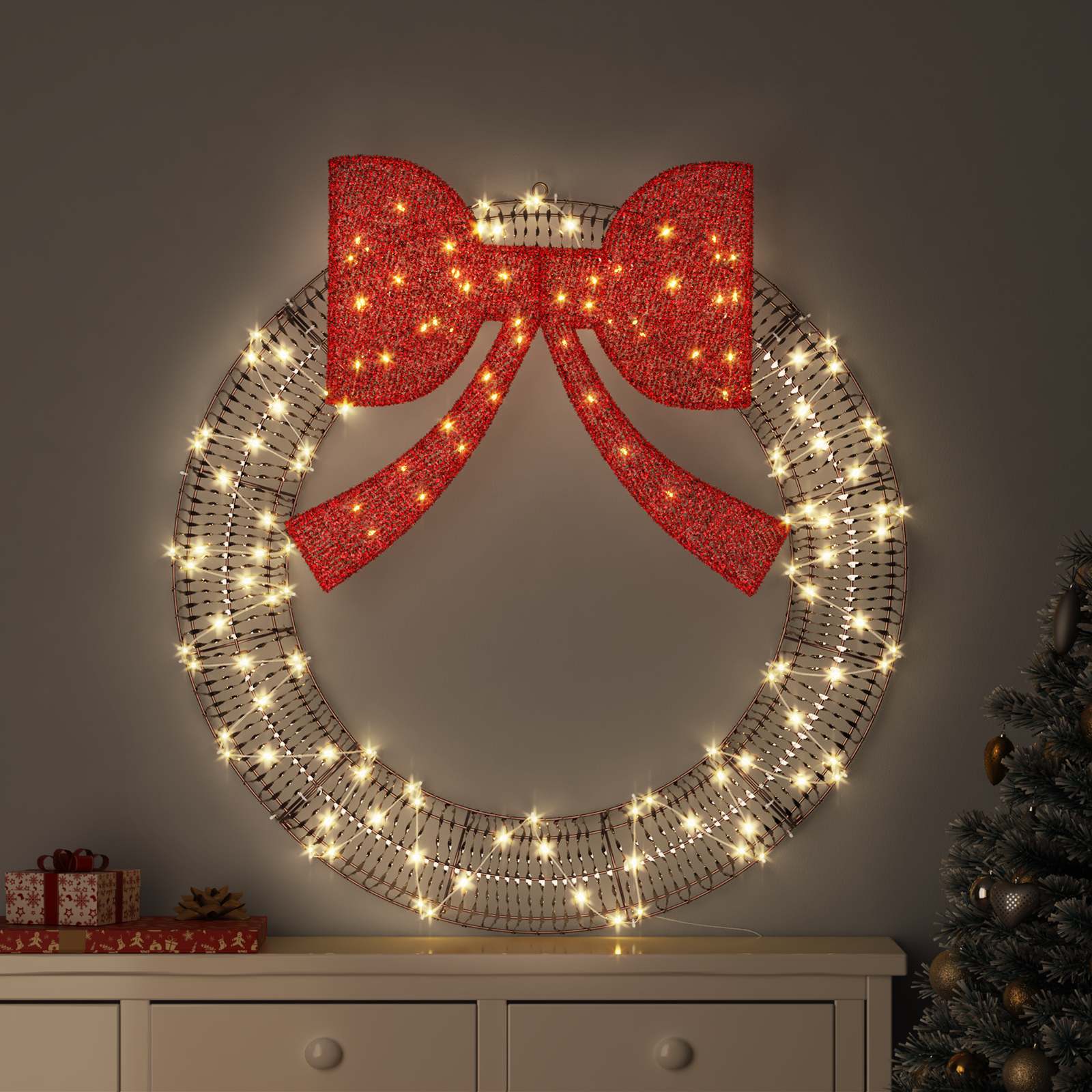 Wreath with 150 warm LEDs 121 x 121 x 10 cm PET