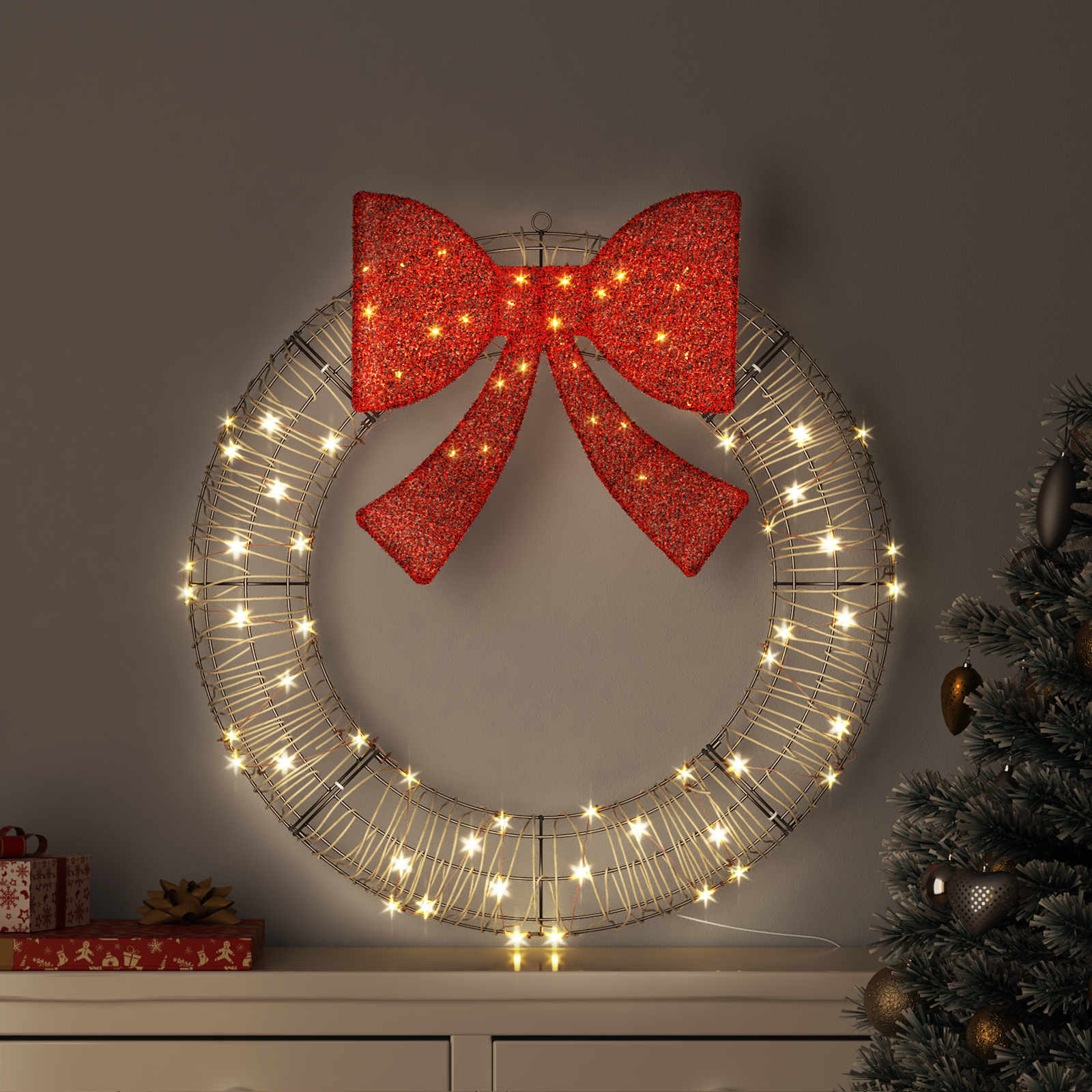 Wreath with 150 warm LEDs 121 x 121 x 10 cm PET