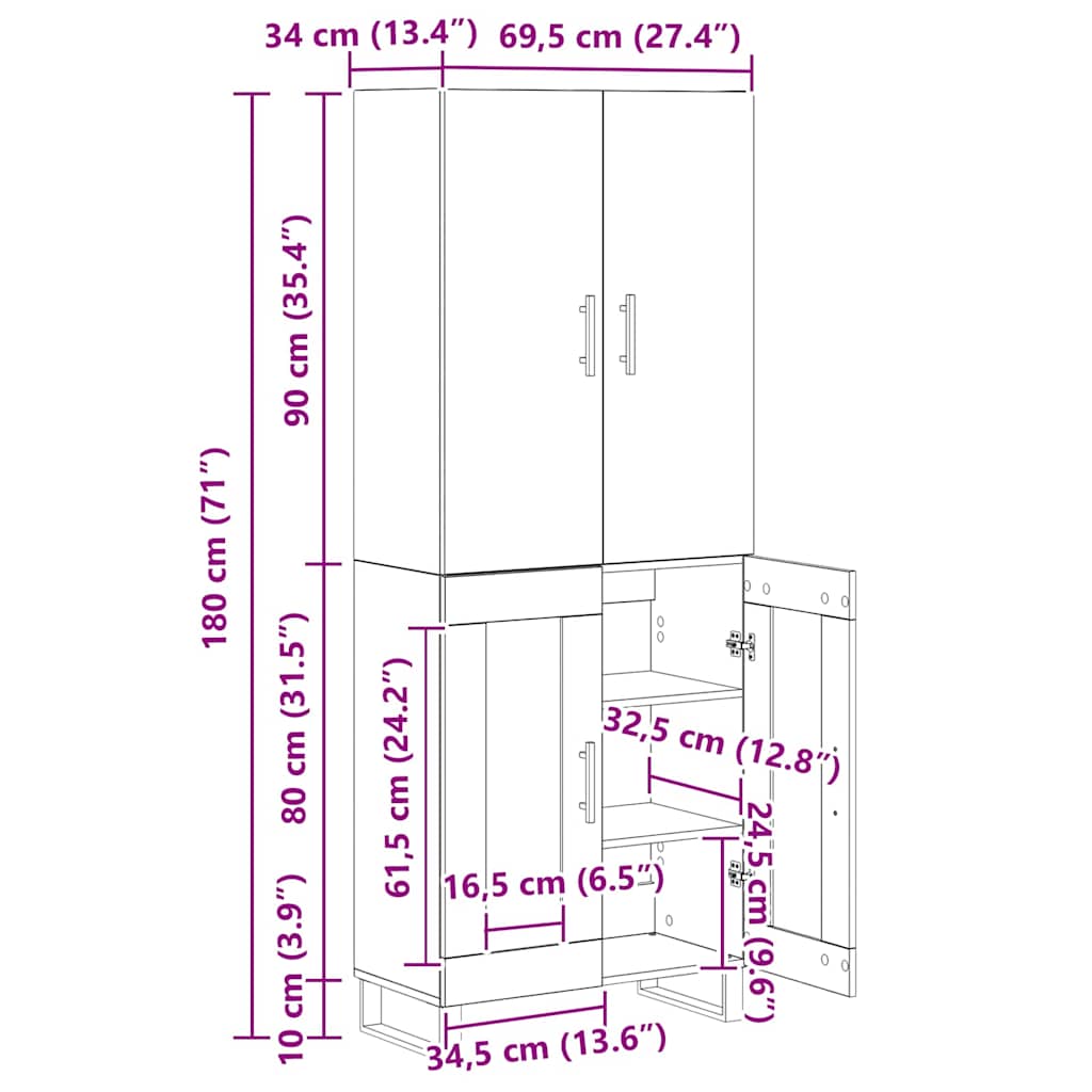 Aparador alto 2 pcs Madera envejecida 69,5 x 34 x 180 cm