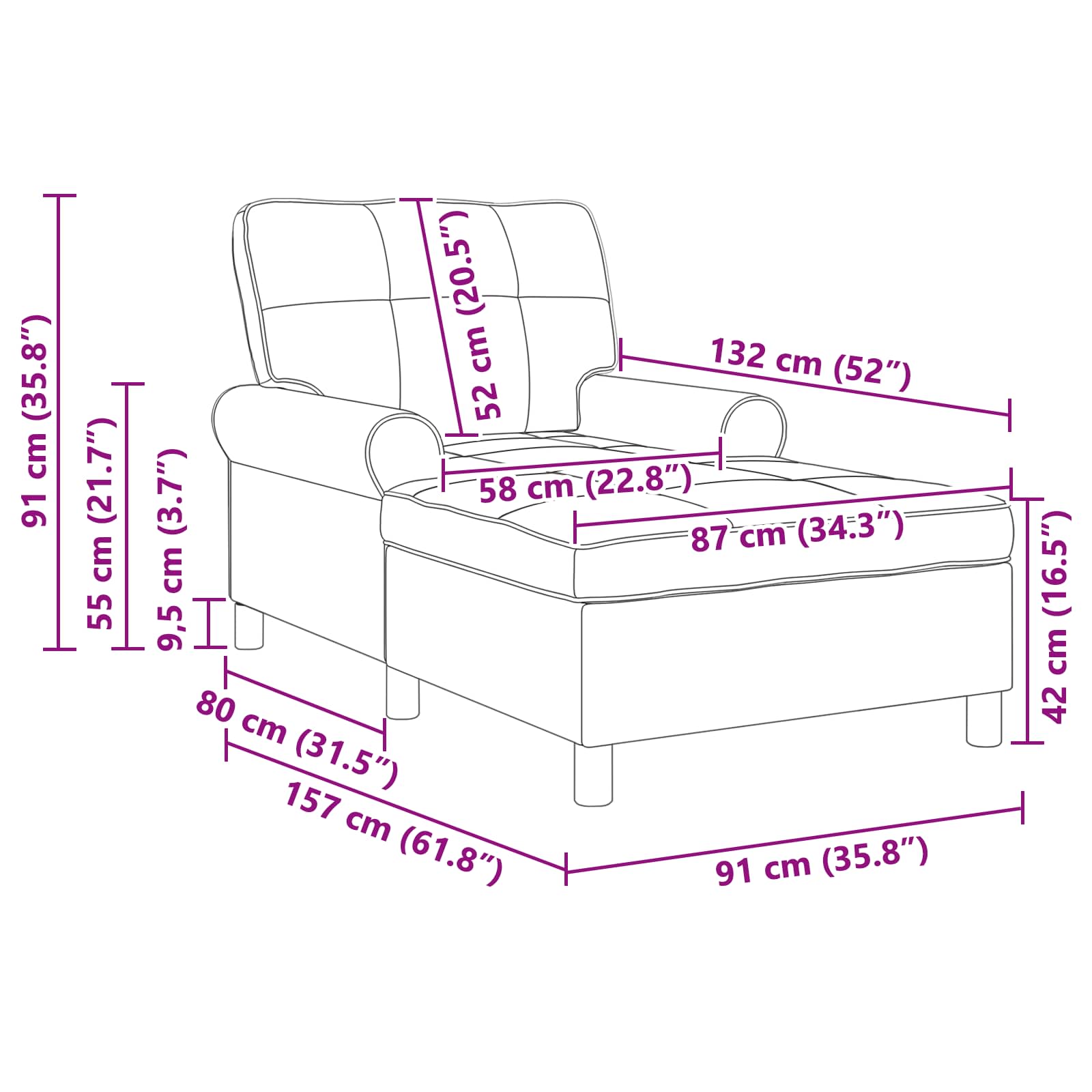 Sillón reclinable con cojín Marrón Brillante 91 x 157 x 91 cm