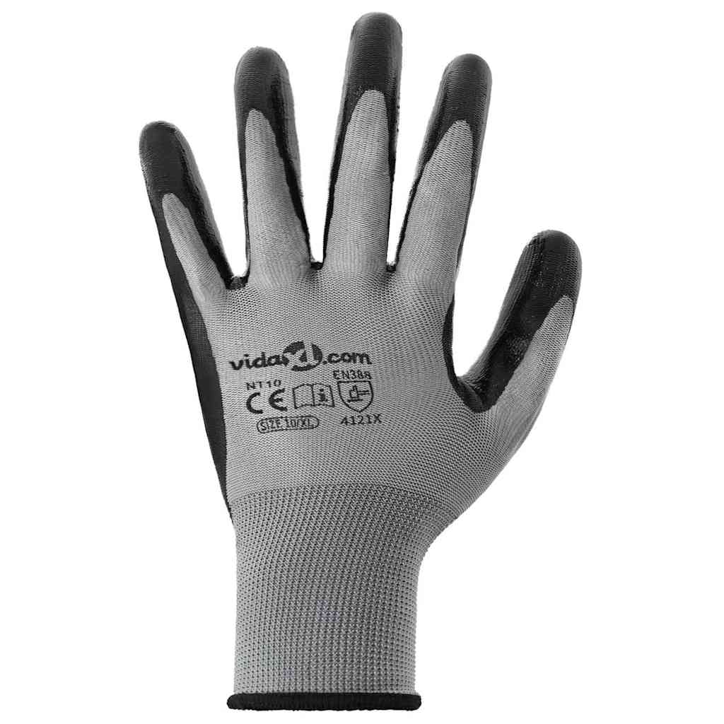 Guantes de Trabajo 12 pcs Gris y Negro 10 / xl Poliéster
