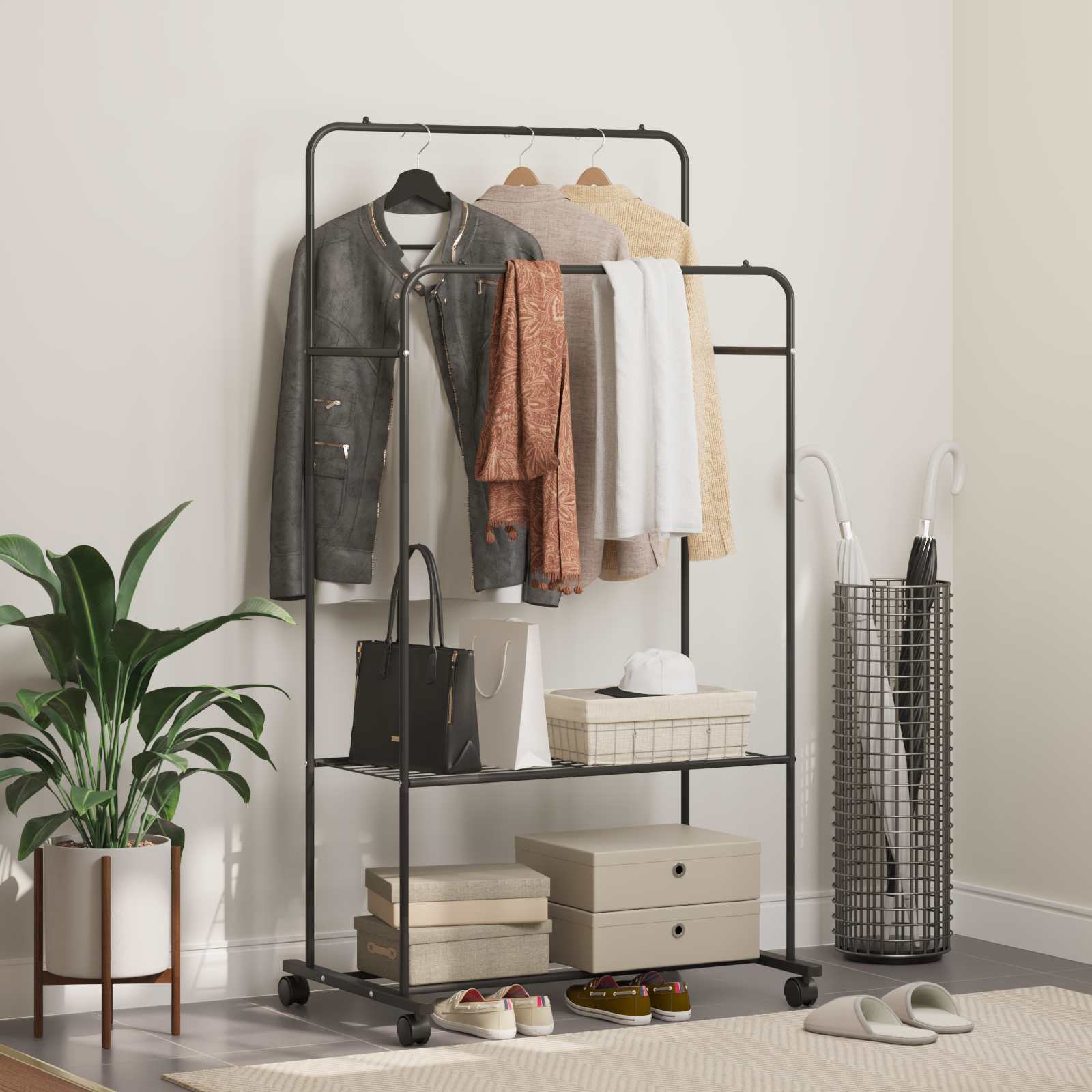 Garment rack with shelf and wheels 80 x 53 x 156 cm