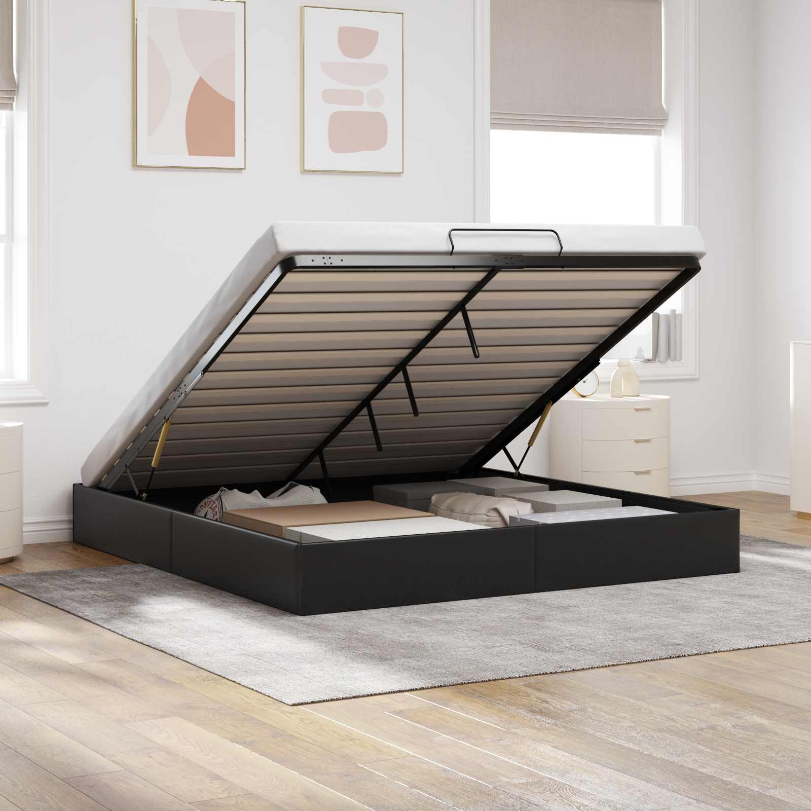 Estrutura de Cama Otomana Preta 153 x 203 cm Couro Sintético