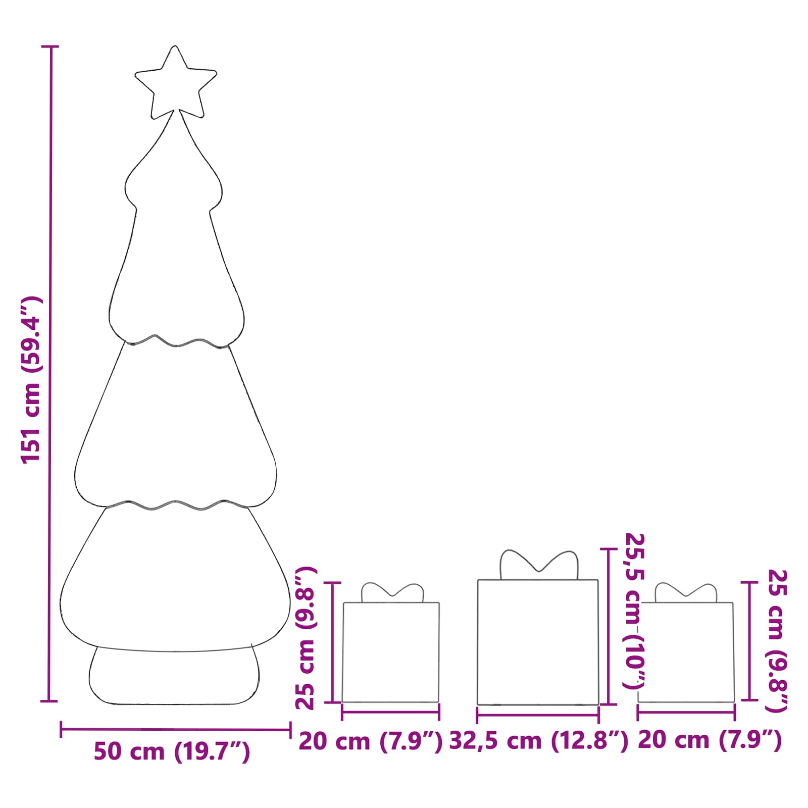 Árbol de Navidad iluminado con 3 cajas de regalo 2D blanca cálida