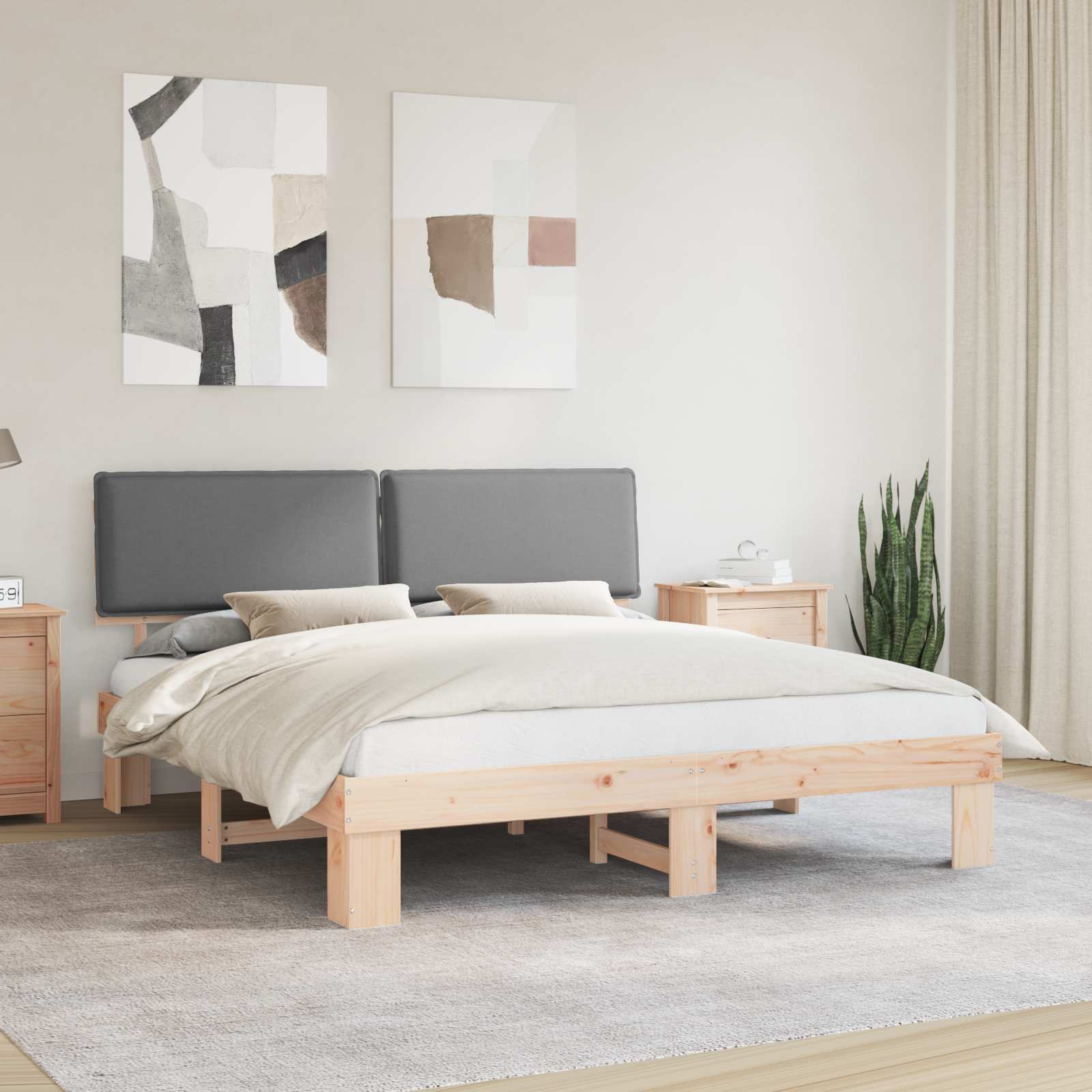 Estrutura de Cama com Cabeceira Estofada Cinzento Claro