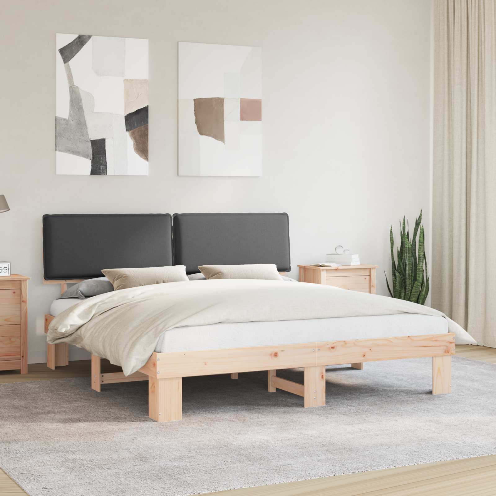 Estrutura de Cama com Cabeceira Estofada Cinzento-Escuro