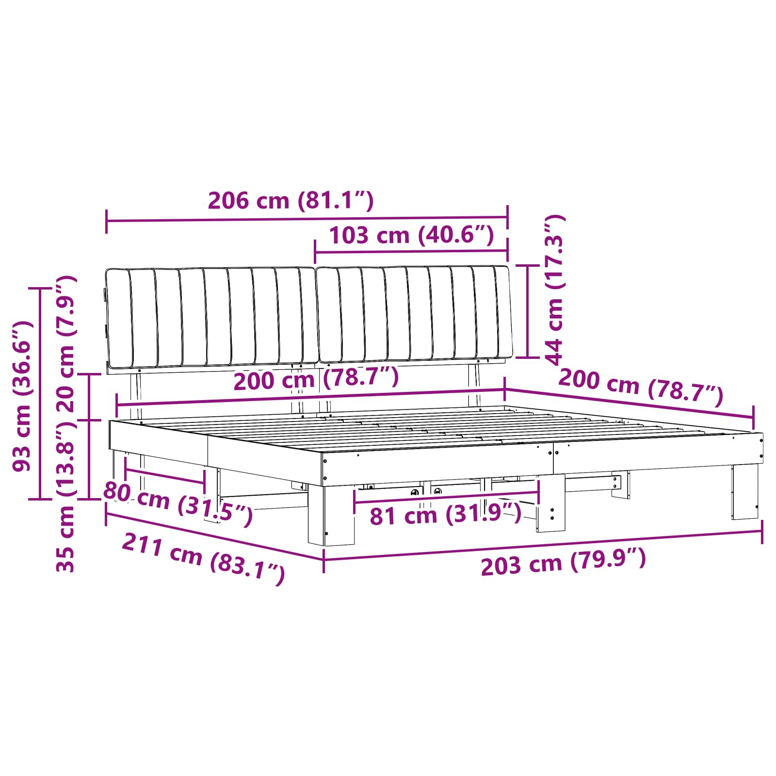 Estructura de Cama con Cabecera Tapizada Negro 200 x 200 cm