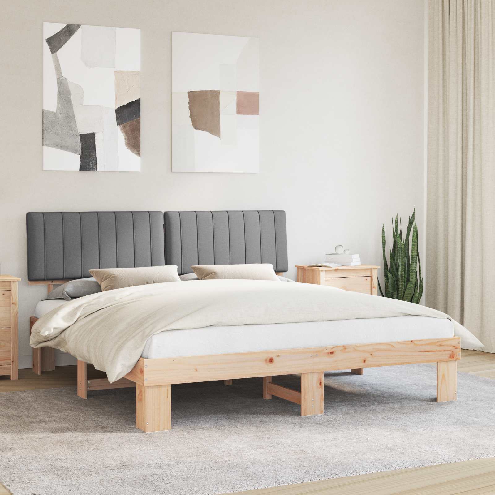 Estrutura de Cama com Cabeceira Estofada Cinzento Claro