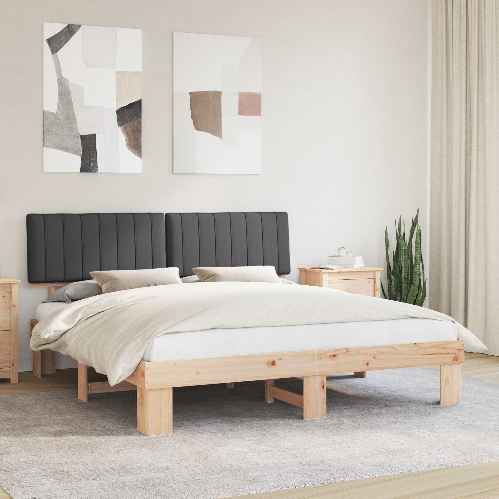 Estrutura de Cama com Cabeceira Estofada Cinzento-Escuro