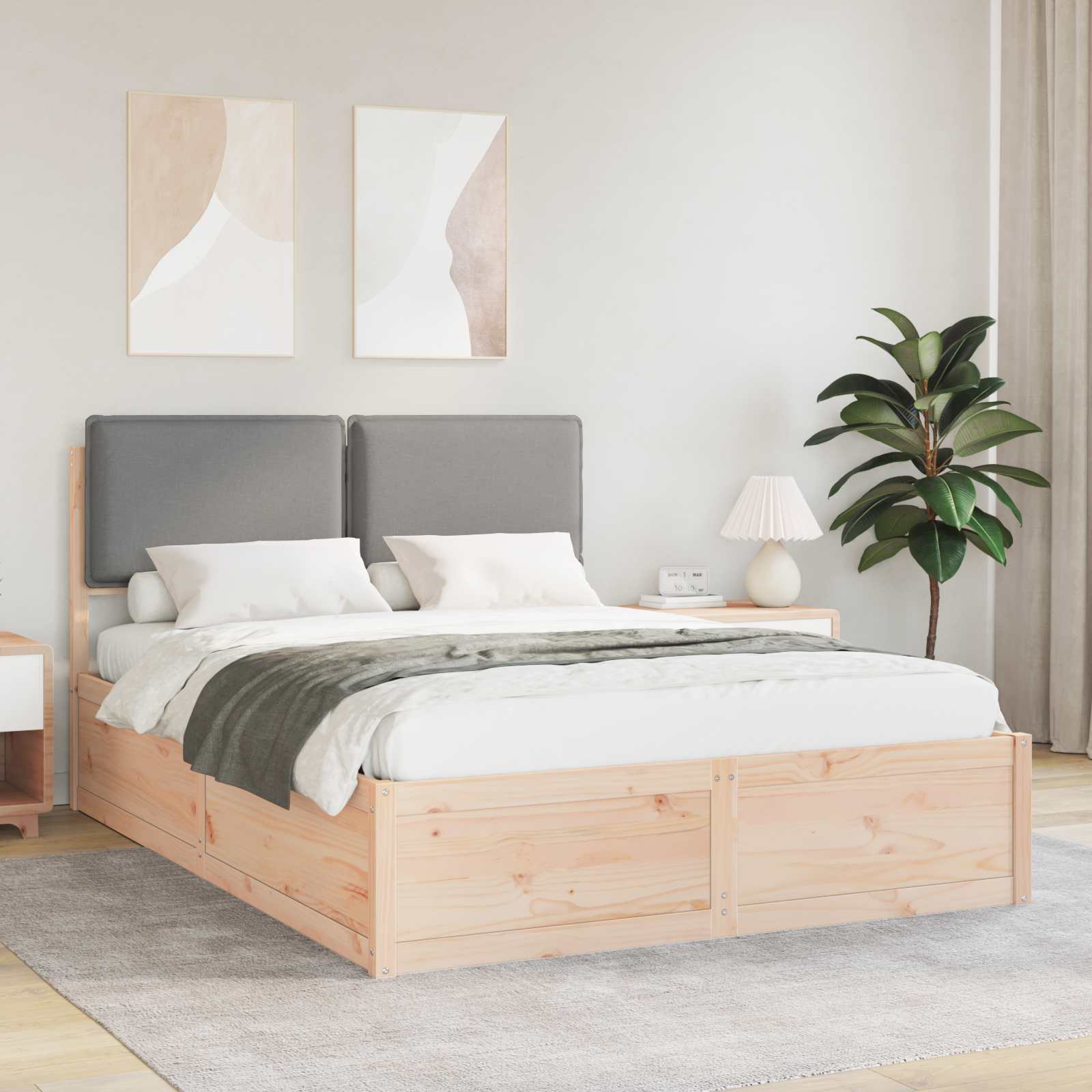 Estrutura de Cama com Cabeceira Estofada Cinzento Claro