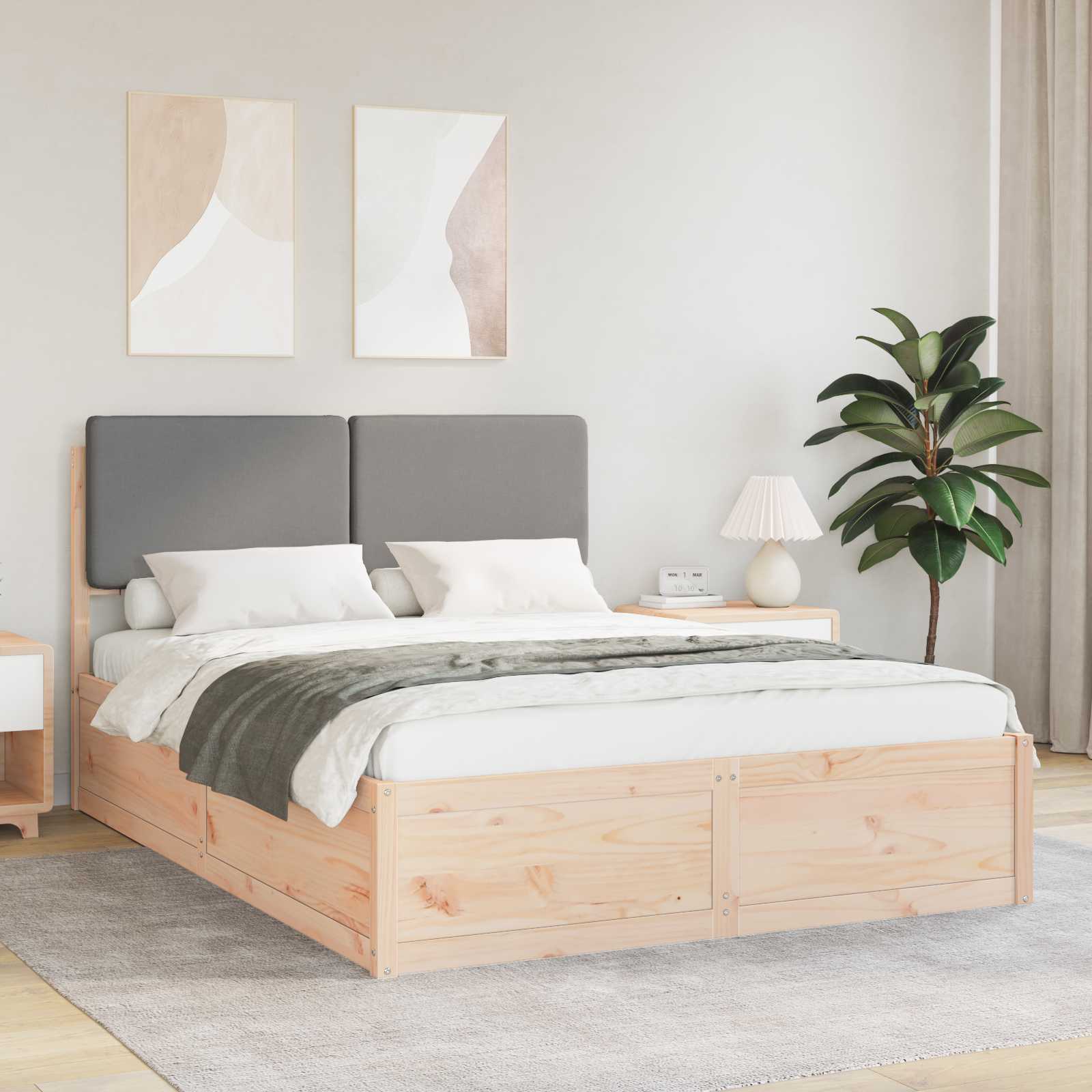 Estrutura de Cama com Cabeceira Estofada Cinzento Claro