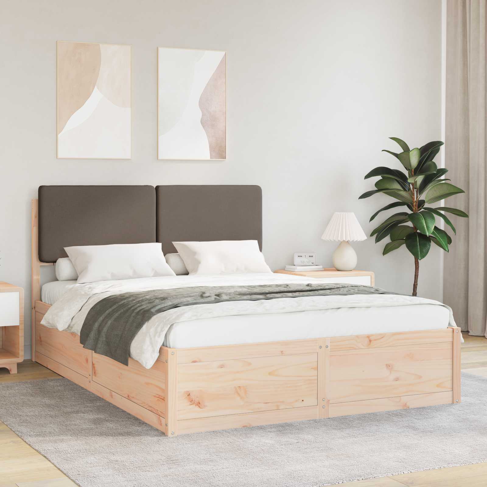 Estrutura de Cama com Cabeceira Estofada Taupe 135 x 190 cm