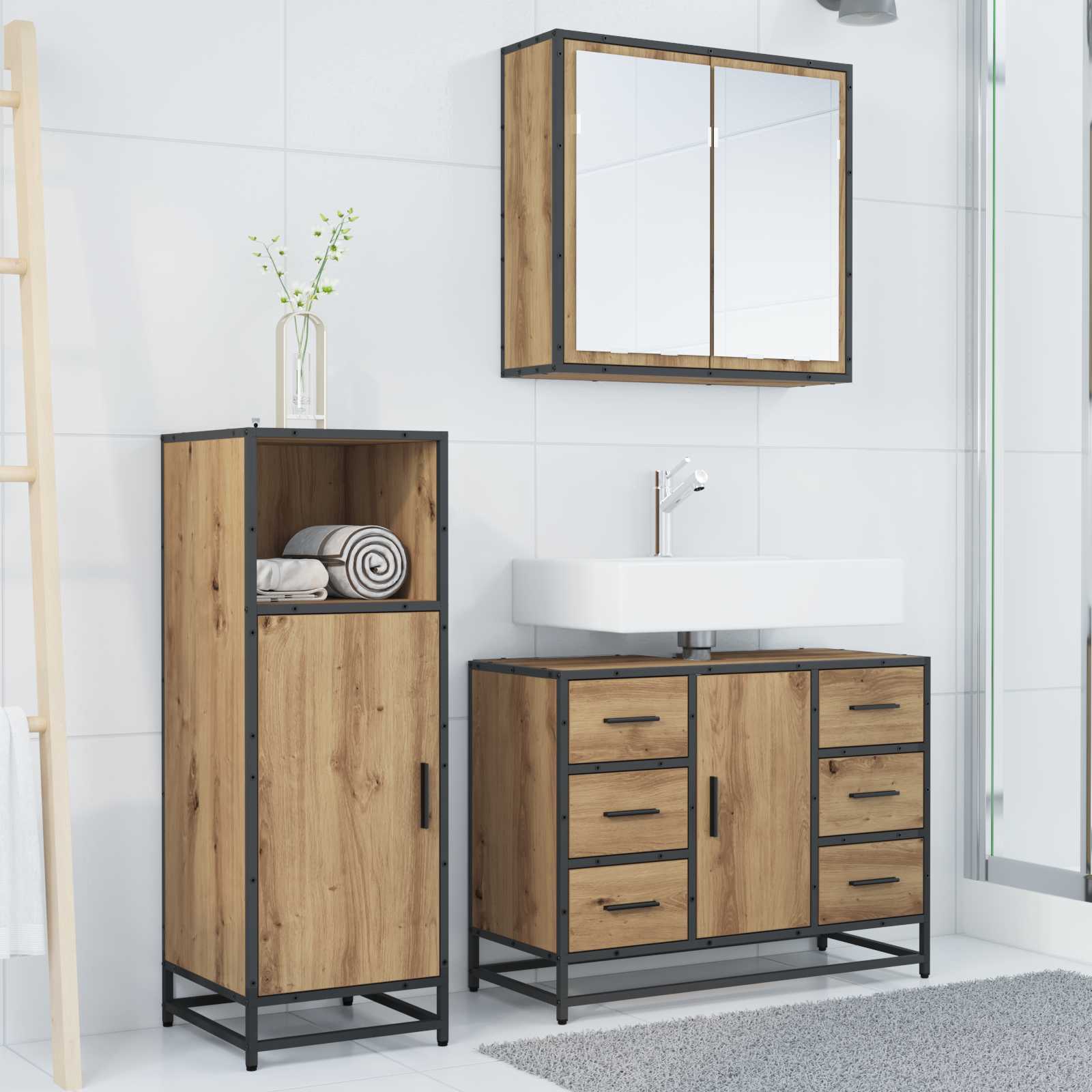 Juego de muebles de baño con cajón 3 pcs Roble artesanal
