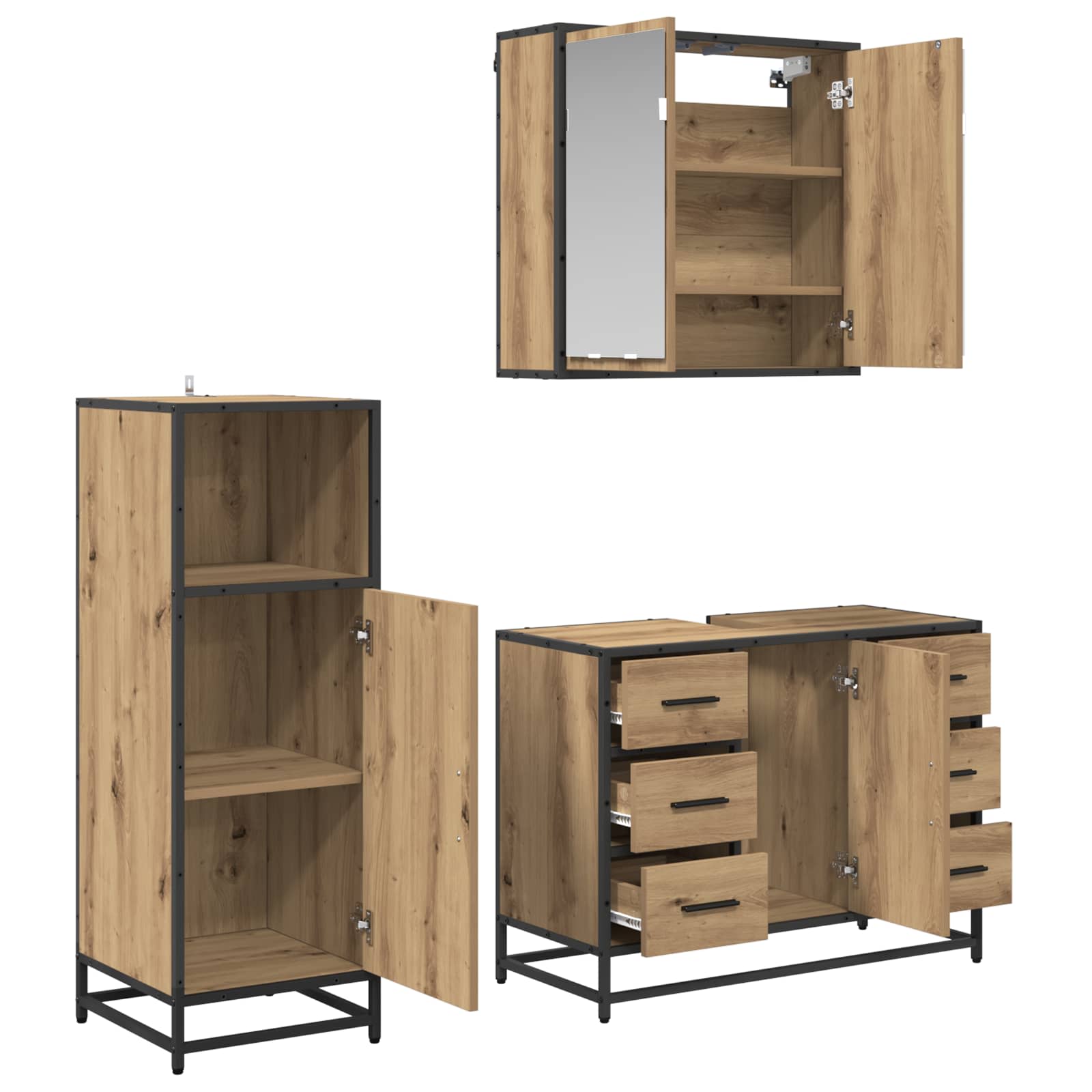 Juego de muebles de baño con cajón 3 pcs Roble artesanal