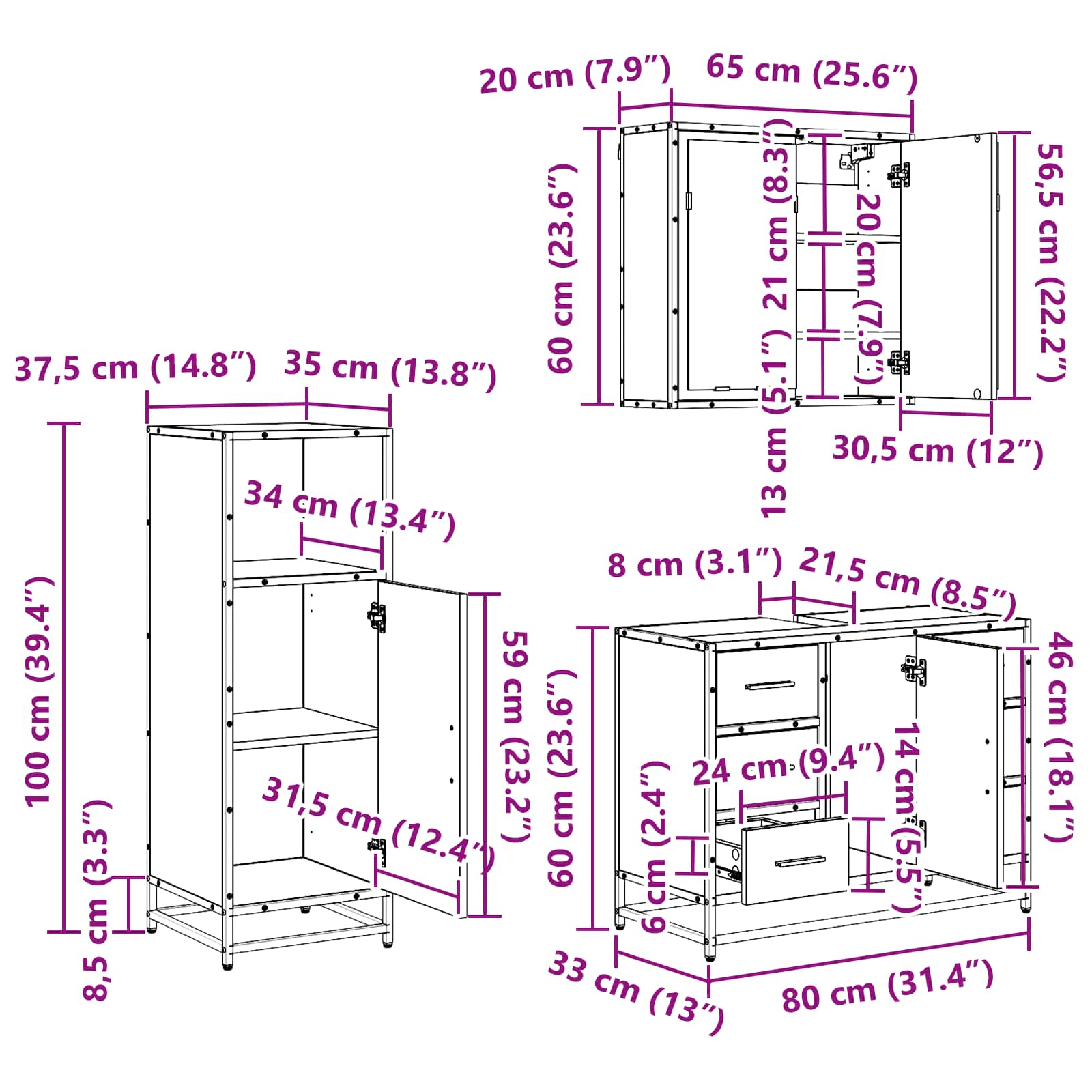Juego de muebles de baño con cajón 3 pcs Roble artesanal