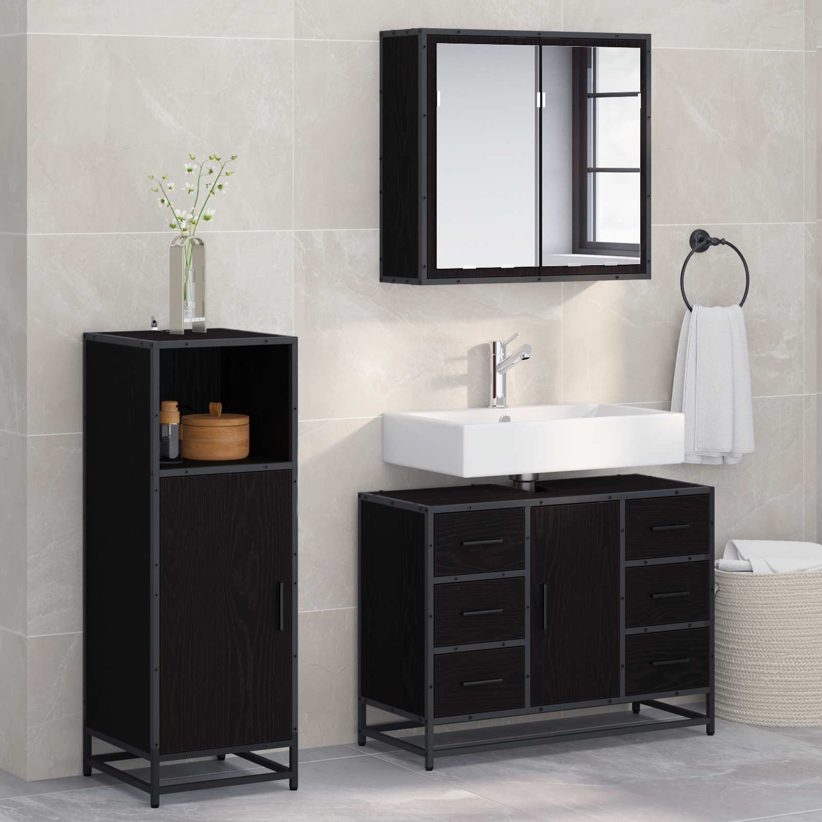Juego de muebles de baño 3 pcs Roble Negro Madera de ingeniería
