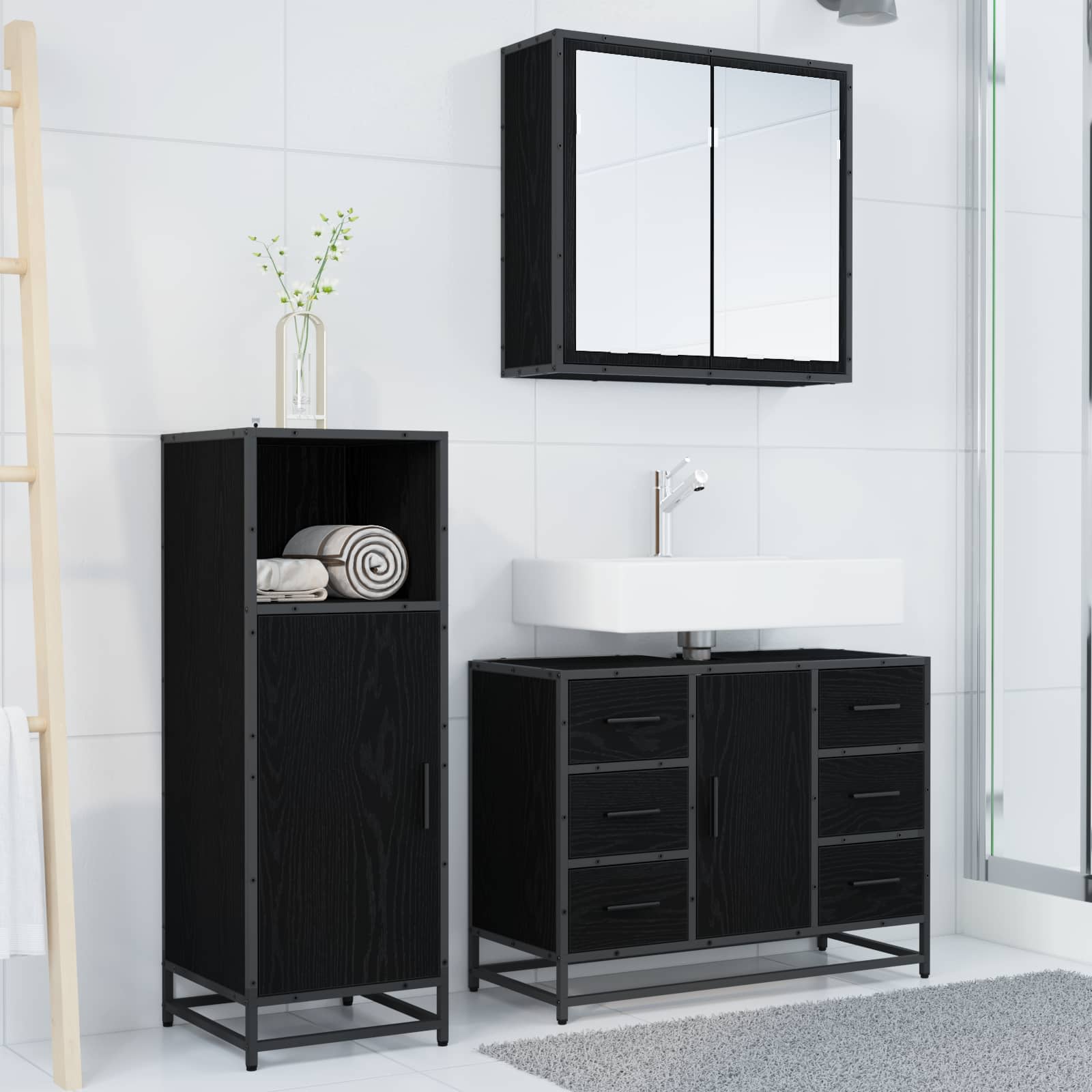 Juego de muebles de baño 3 pcs Roble Negro Madera de ingeniería