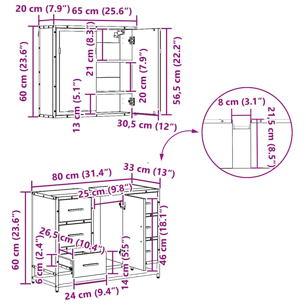 Juego de muebles de baño 4 pcs Roble Negro Madera contrachapada