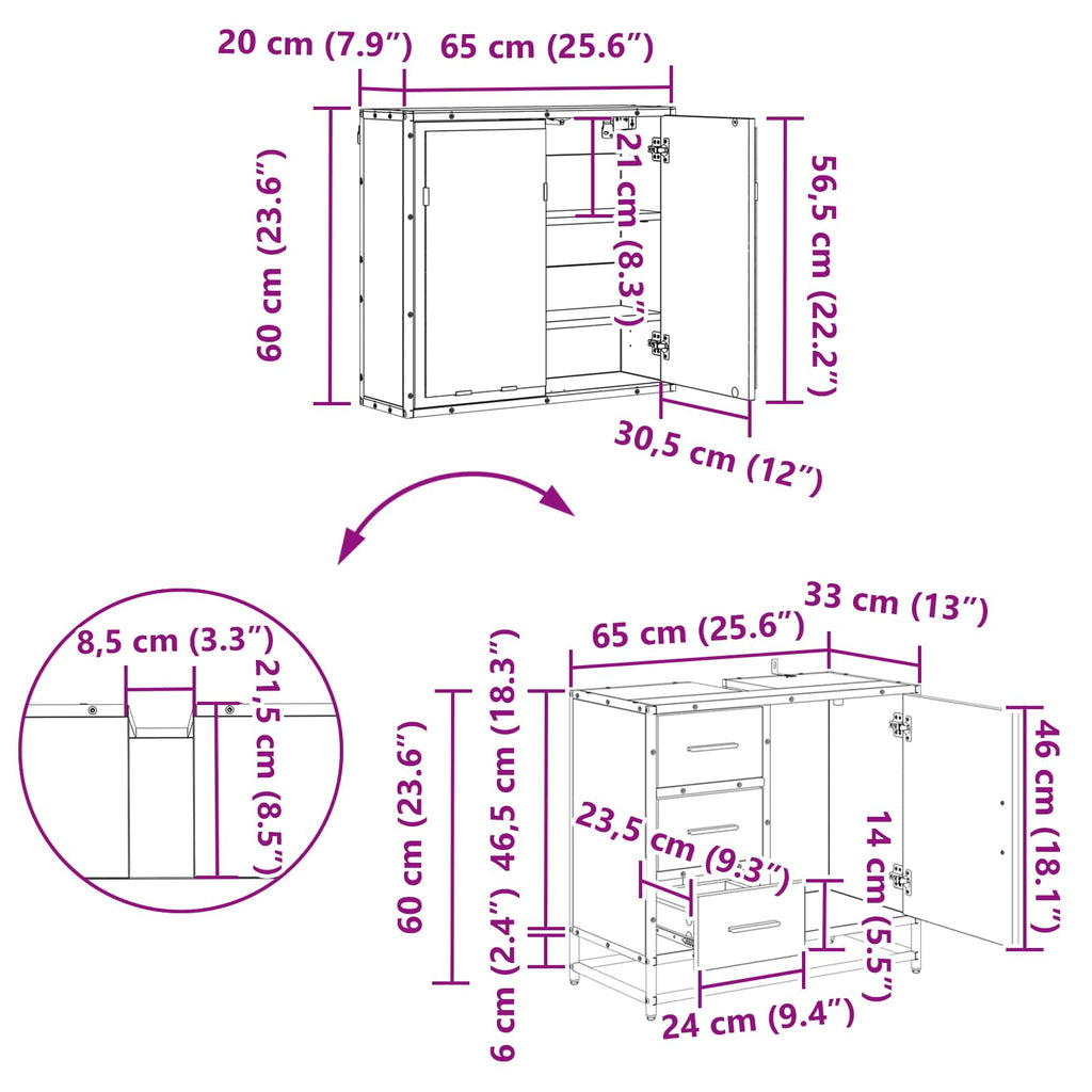 Juego de muebles de baño con cajón 2 pcs Roble artesanal