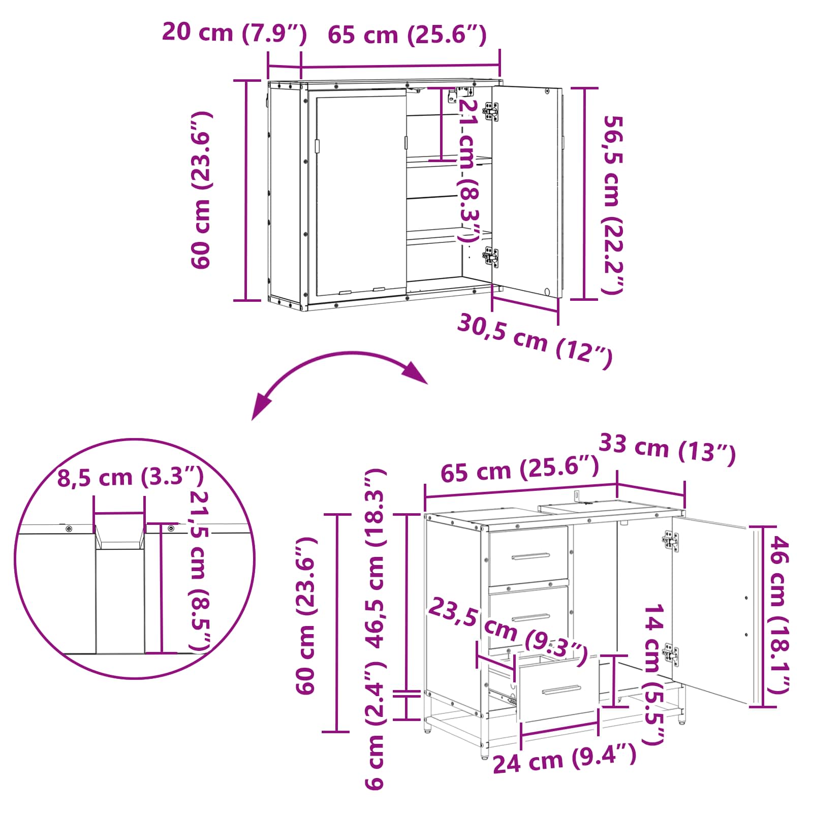 Juego de muebles de baño con cajón 2 pcs Roble artesanal