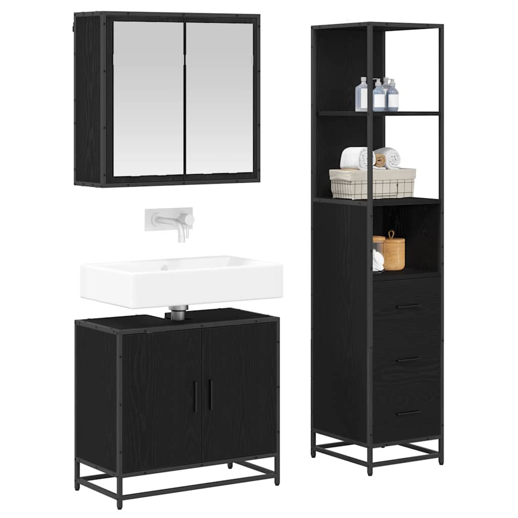 Juego de muebles de baño 3 pcs Roble Negro Madera contrachapada