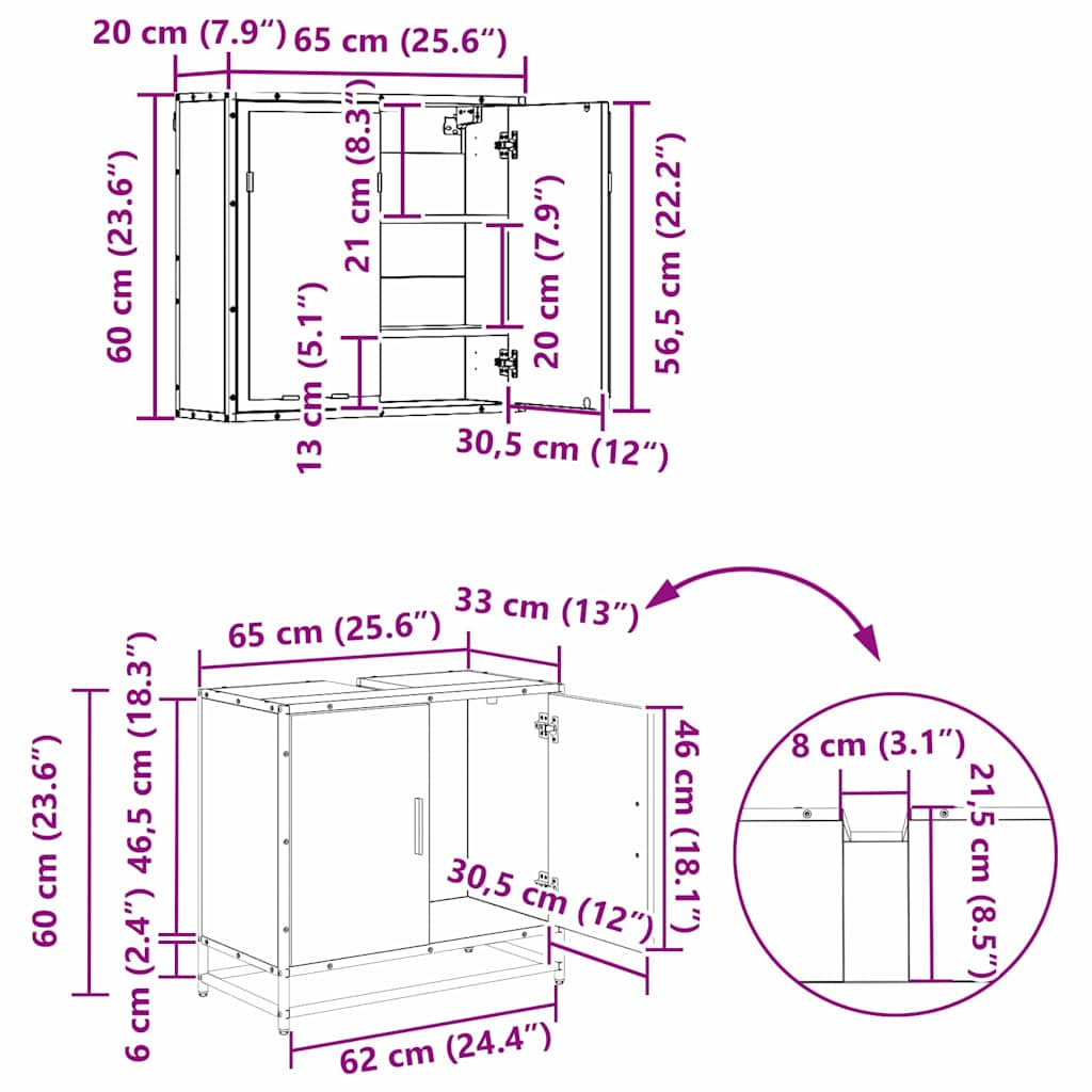 Juego de muebles de baño 3 pcs Roble Negro Madera contrachapada