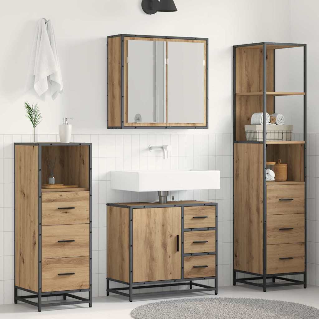 Juego de muebles de baño con cajón 4 pcs Roble artesanal