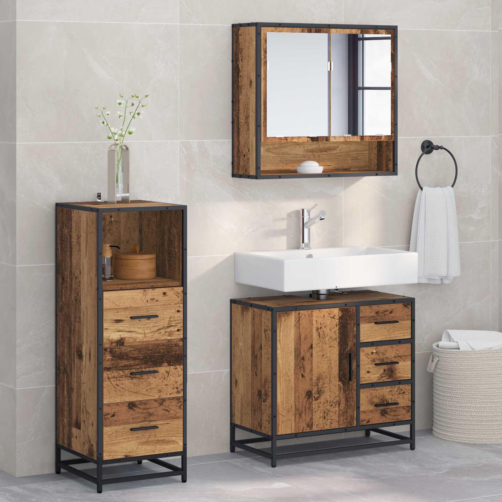 Juego de muebles de baño con cajón 3 pcs Madera Vieja