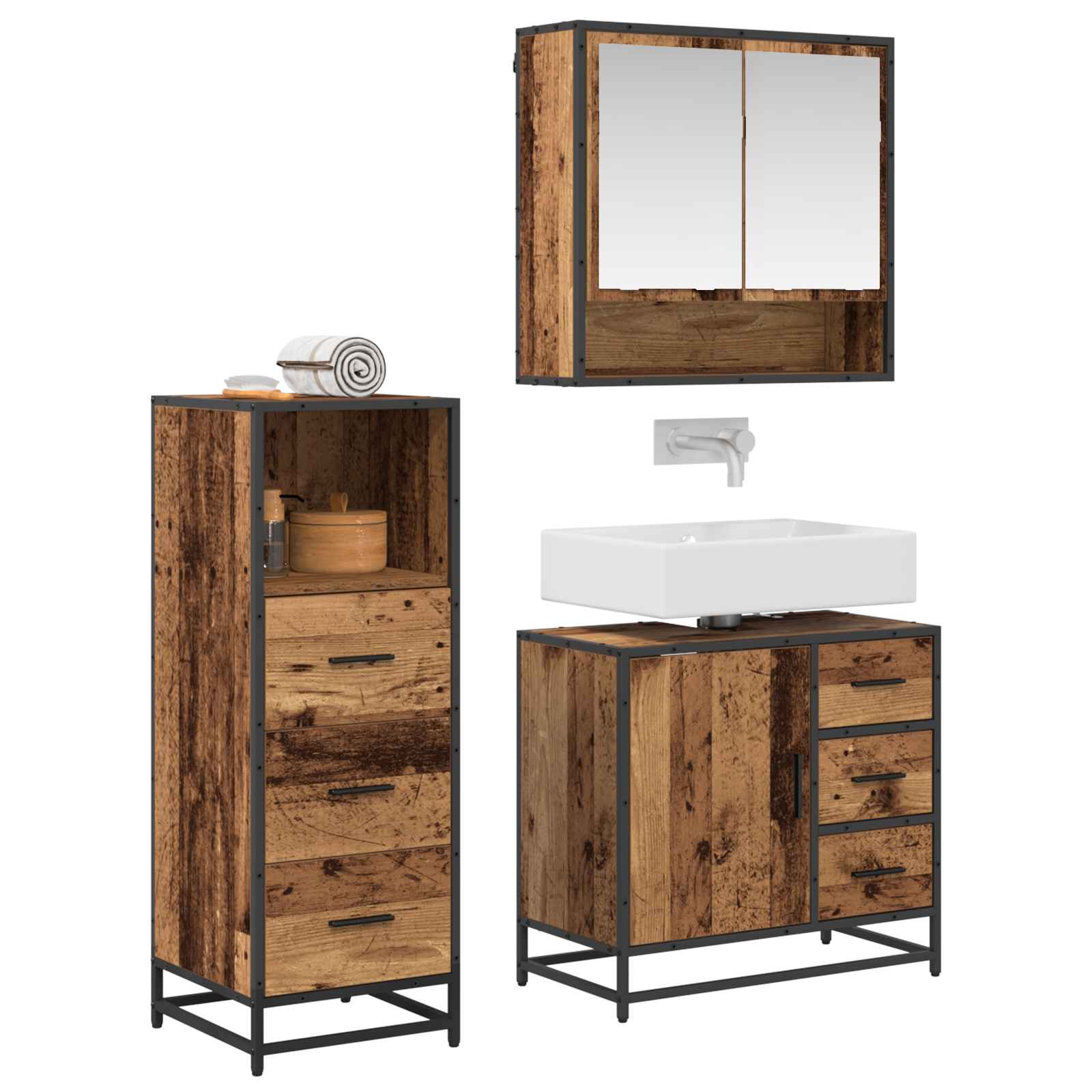 Juego de muebles de baño con cajón 3 pcs Madera Vieja