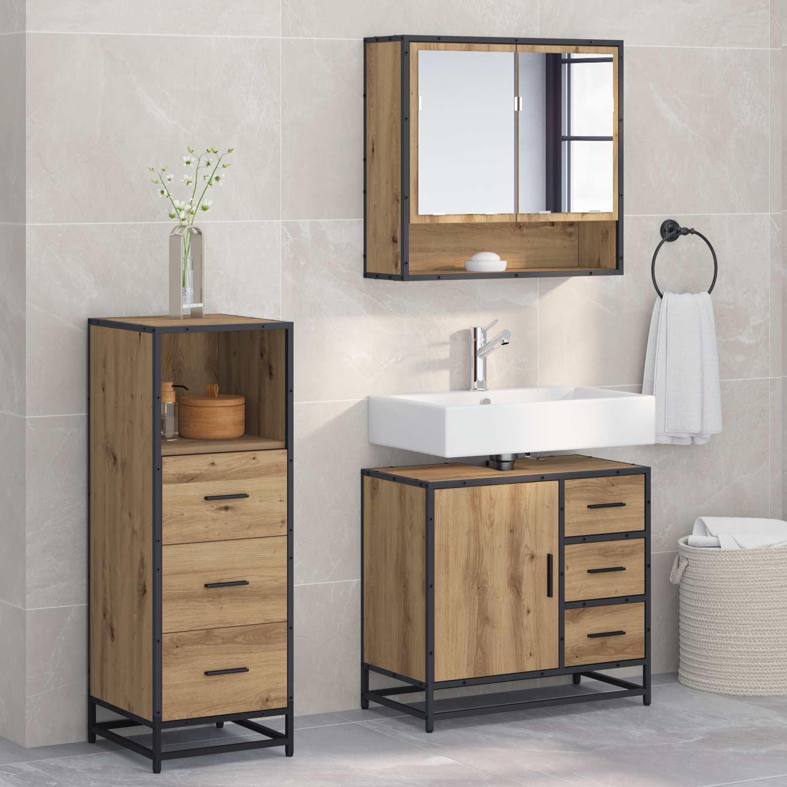 Juego de muebles de baño con cajón 3 pcs Roble artesanal